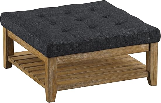 Inspire Q Lennon Pine Planked Ottoman Coffee Table by Artisan Dark Grey Linen- Dimpled Tufts [Dark Grey Linen]- Dimpled Tufts Linen,Foam