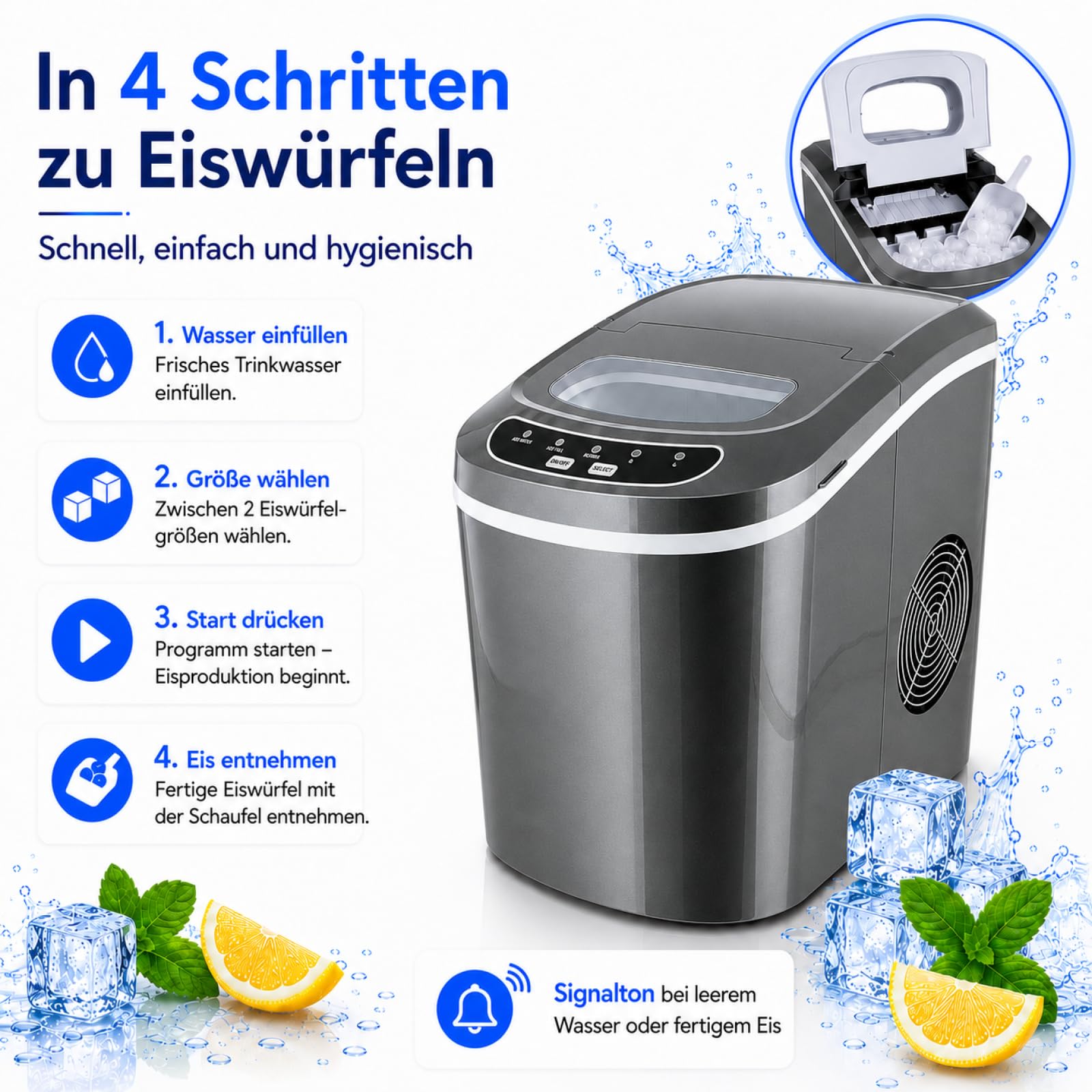 Eiswürfelmaschine Eiswürfelbereiter Eiswürfel Ice Maker EIS Maschine Icemaker (Dunkelgrau)