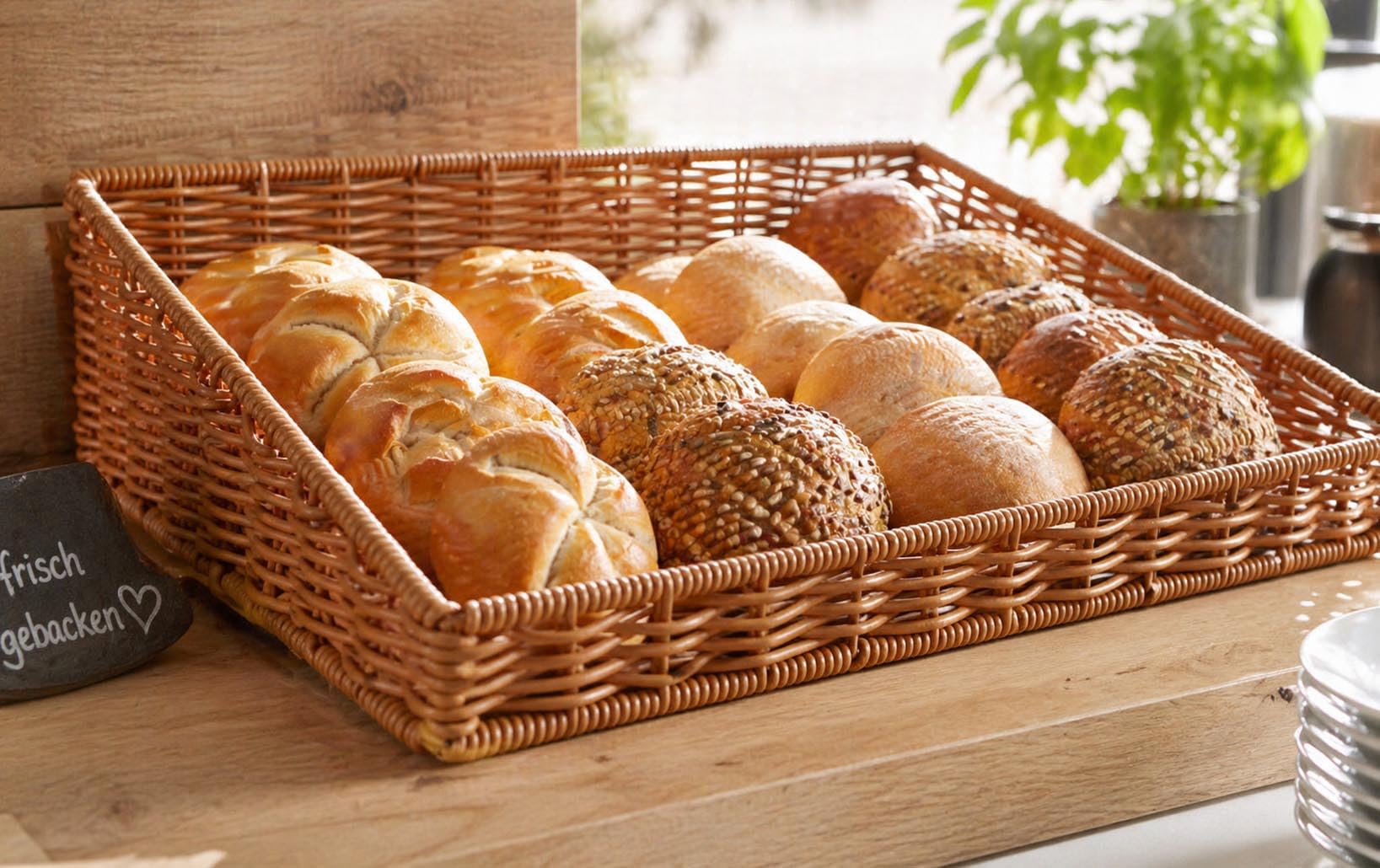 Kobolo Auslagekorb 61x40x17 cm braun, lebensmittelechter Polyrattan Präsentationskorb, robuster Regalkorb für Brot, Obst & Gebäck, Buffetkorb & Verkaufskorb für Bäckerei, Buffet & Supermarkt