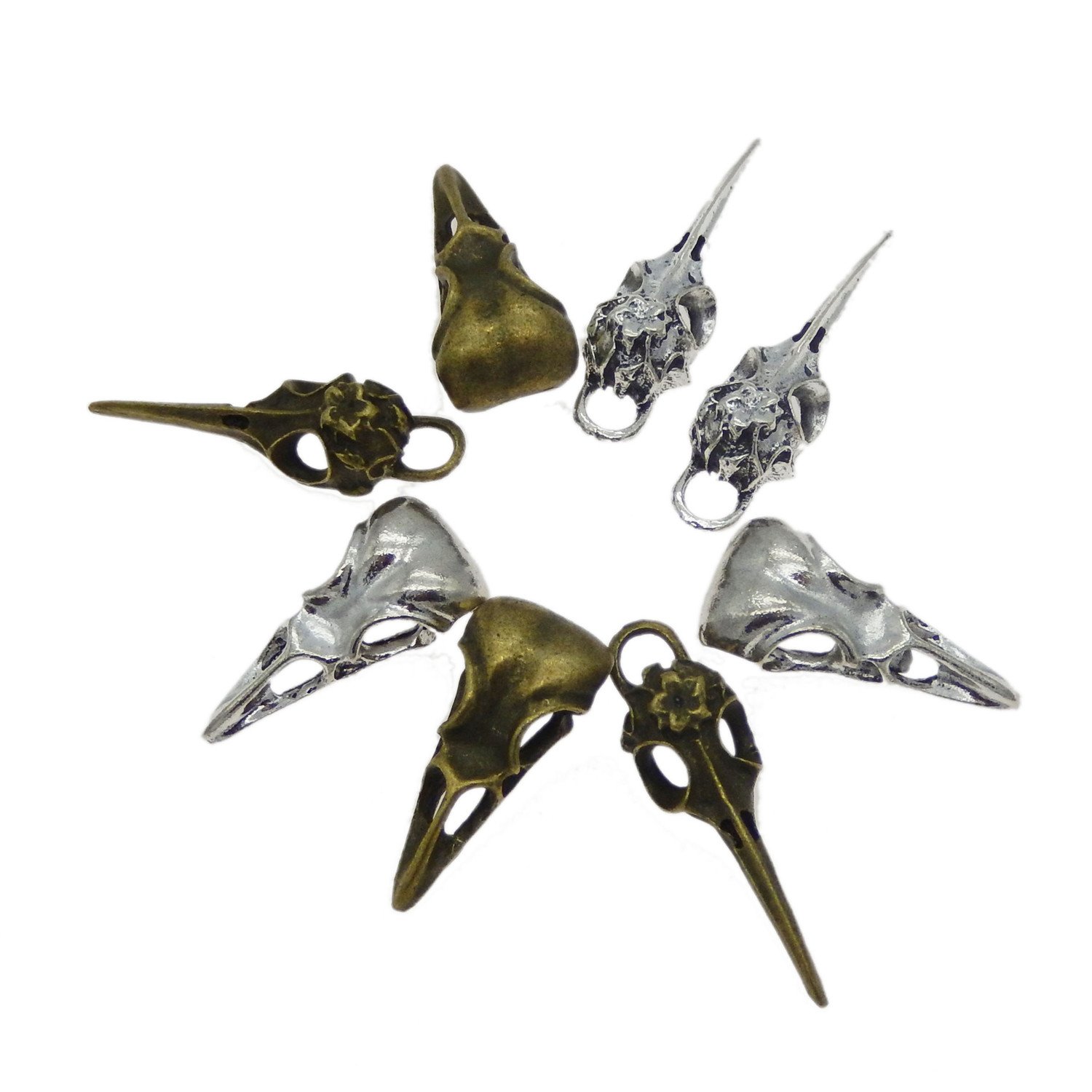 Julie Wang 40pcs Alloy Mixed Bronze Silver Raven Skull Charm Bird Head Skeleton Pendant For Necklace Jewelry Making