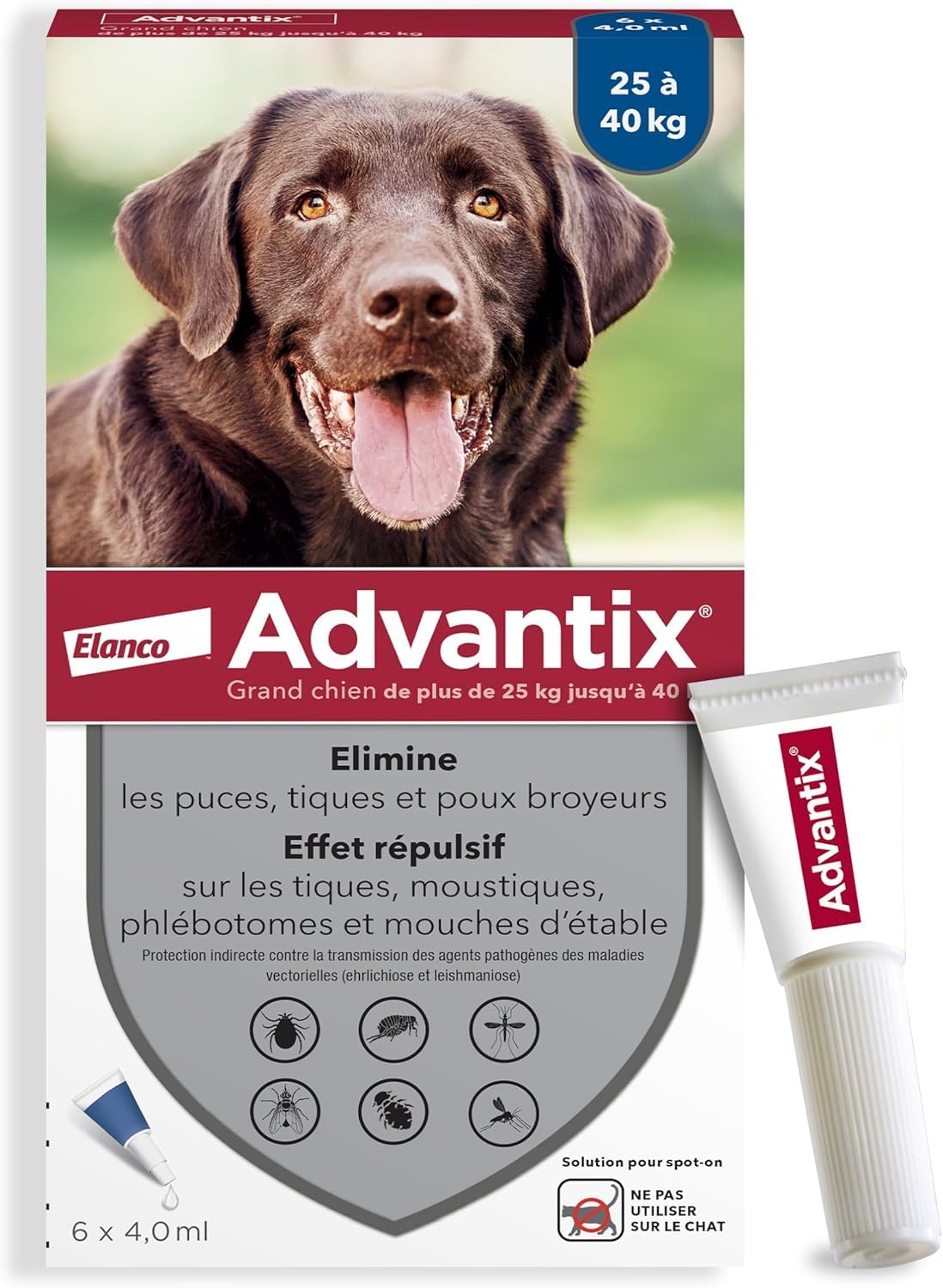 Advantix Grand Chien 25-40 kg – Pipettes antiparasitaires 6 parasites – Traitement 4 semaines – 6 x 4,0 ml