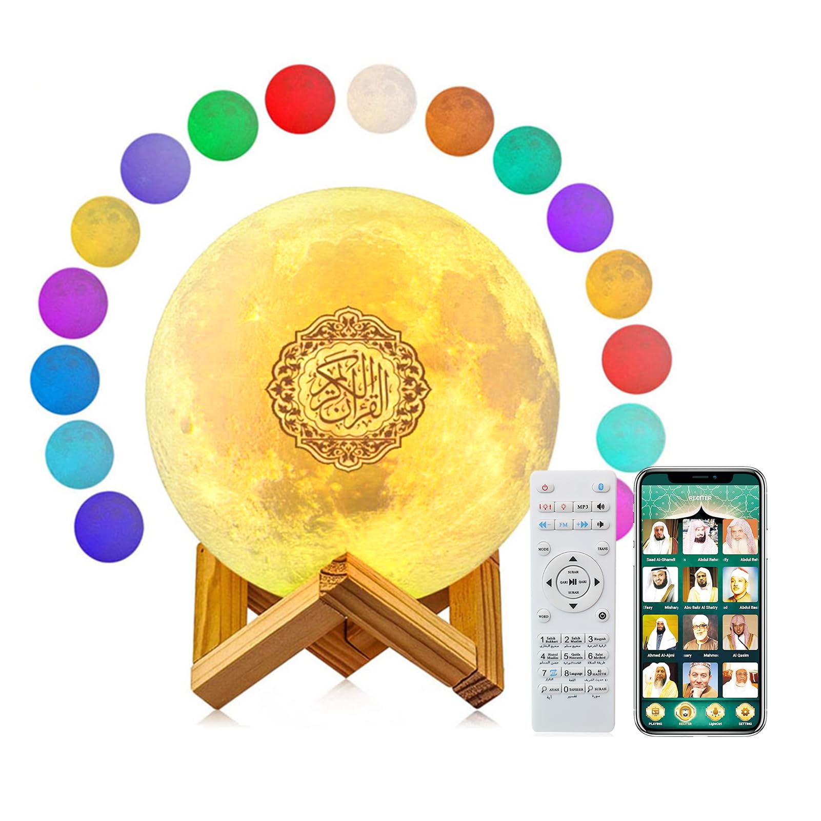 Portable Bluetooth Speaker, 4 in 1 Quran Speaker MP3 Player with 16 Colors 3D Print Moon Lamp Night Light Speaker, Quran Recitation and Song FM Broadcast