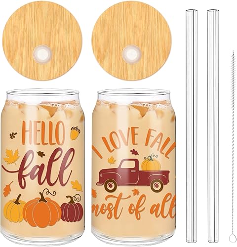 Whaline Vasos para beber Hello Fall de 16 onzas, taza de vidrio de cosecha de otoño, taza de café helado con tapa de bambú, popote de vidrio,