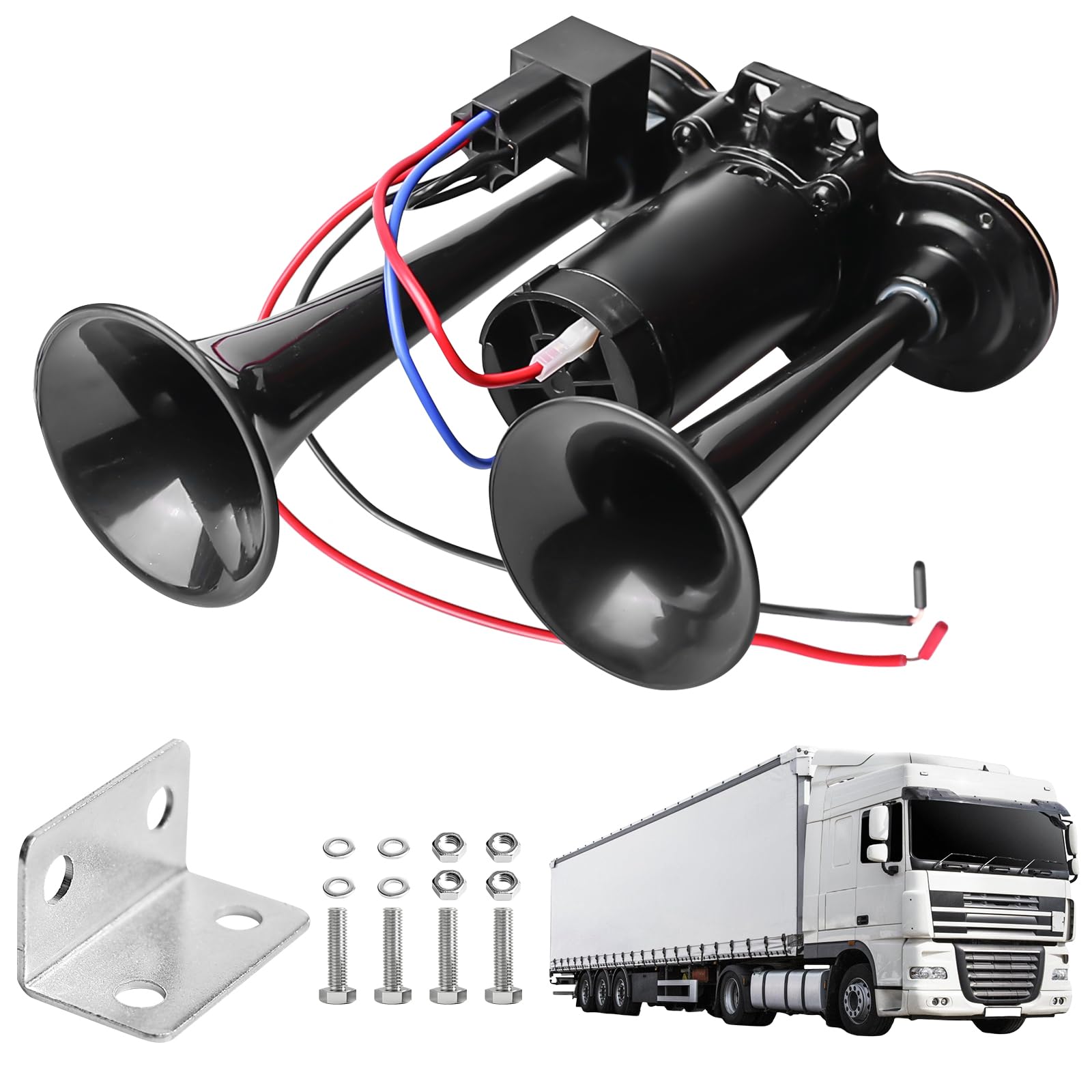 Bocina de 12 V para camiones, 120 dB, con compresor de doble tubo, bocina de aire, kit de claxon para todos los vehículos de 12 V, camiones, tren, coche, barco, moto, furgoneta, negro