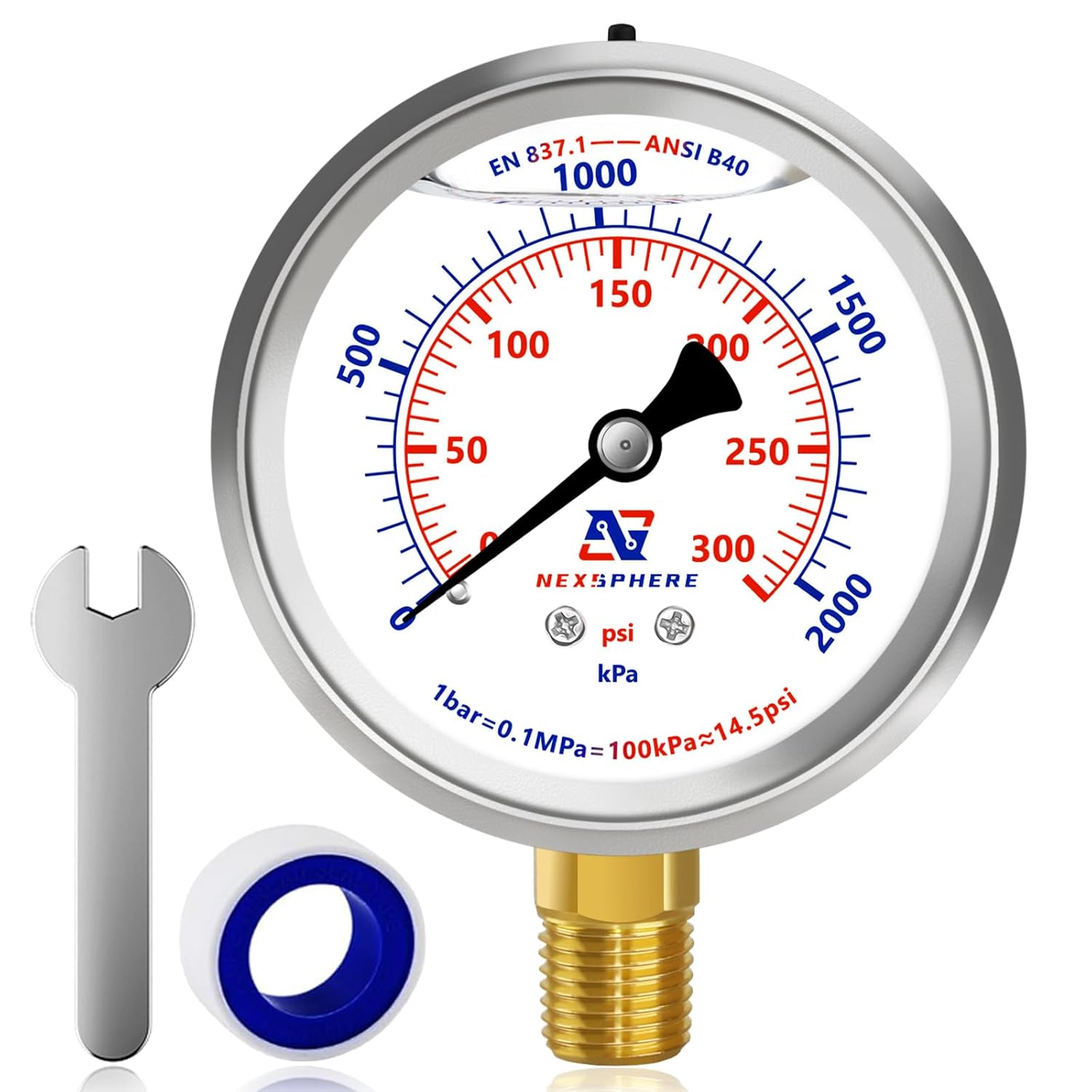 0-300 PSI Liquid Filled Pressure Gauge, 2.5" Dial, 1/4" NPT Lower Mount, 304 Stainless Steel Case, Glycerin-Filled Manometer for Air Compressor, Oil, Water, HVAC, and Gas Applications