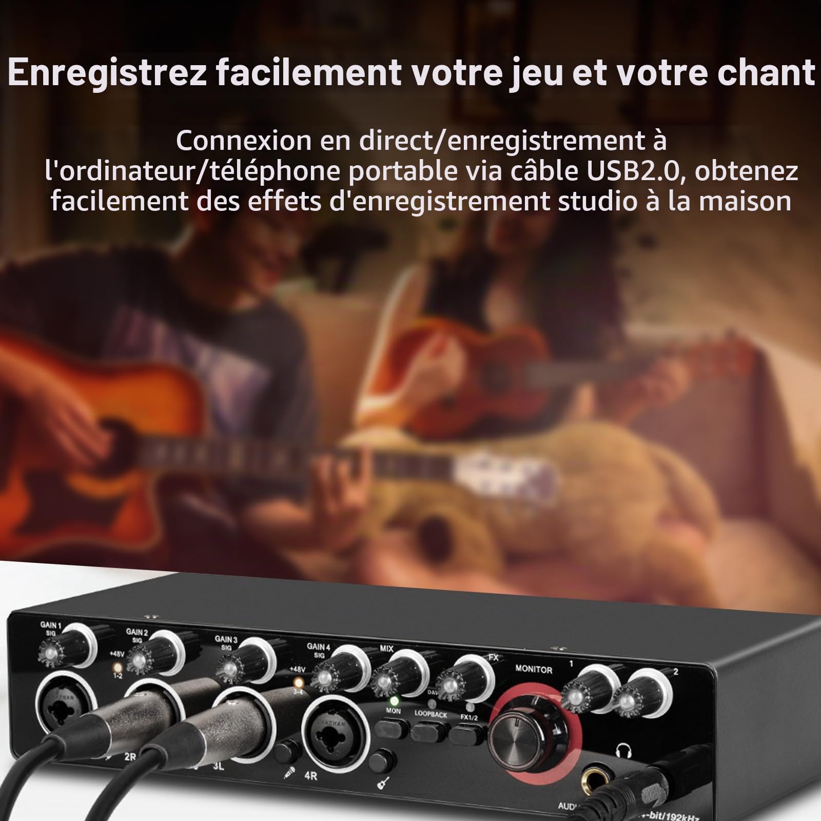 Carte son d'enregistrement 4 canaux avec interface audio sans pilote, carte son USB 4 entrées 4 sorties, alimentation fantôme 24 bits/192 kHz 48 V pour l'enregistrement professionnel de karaoké