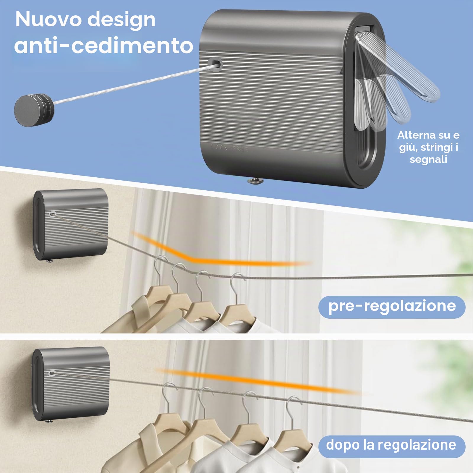 Qivine Stendibiancheria Retrattile da Parete 4,2 m, Filo in Acciaio Inox 304, Capacità fino a 20 kg, Corda Estensibile Antiafflosciamento, Doppia Installazione, Salvaspazio per Bagno, Balcone