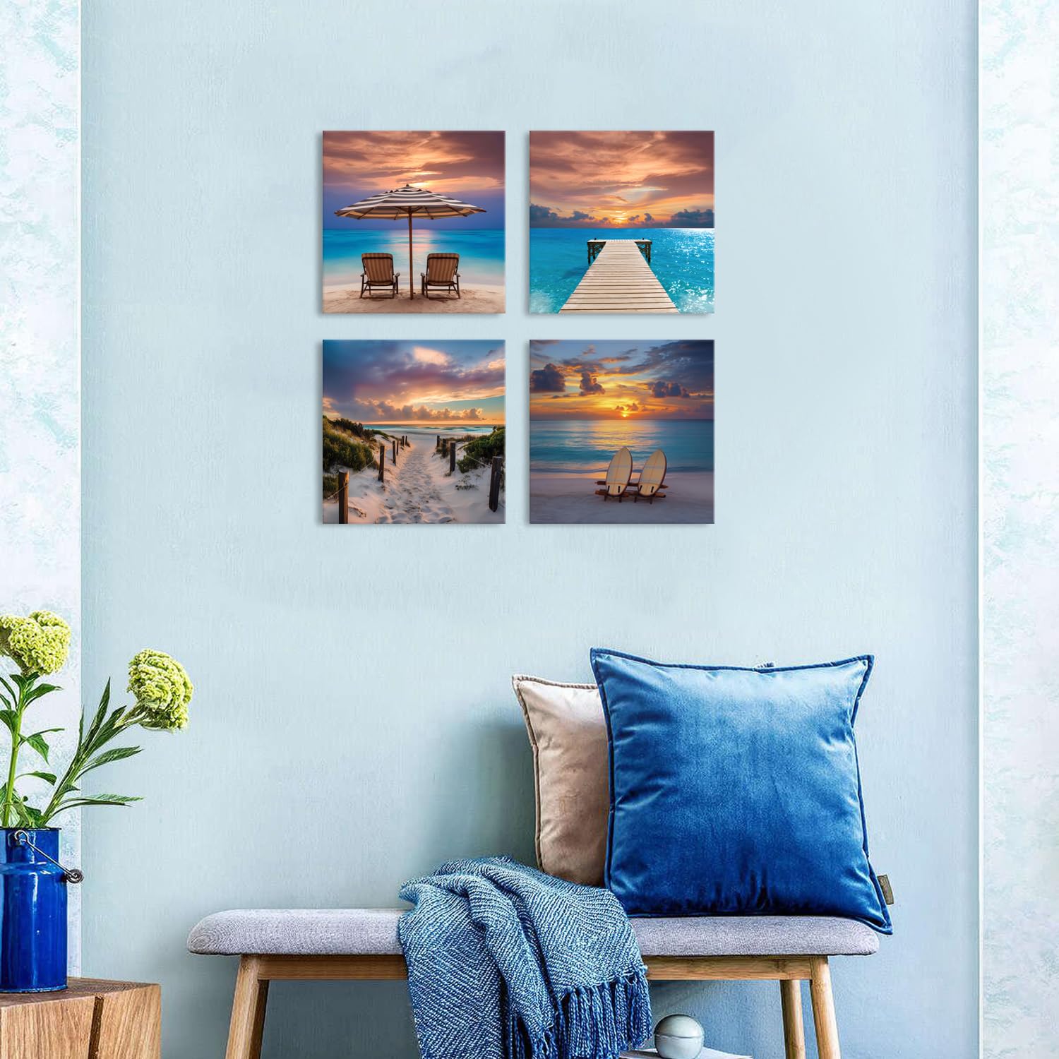 4 Pieces Beach Bathroom Wall Art Seaside Pictures for Walls Blue Ocean Pictures for Living Room Decor Blue Coastal Scenery Wall Canvas Painting Modern Nature Seascape Artwork Home Decorations 30x30cm - Image 3