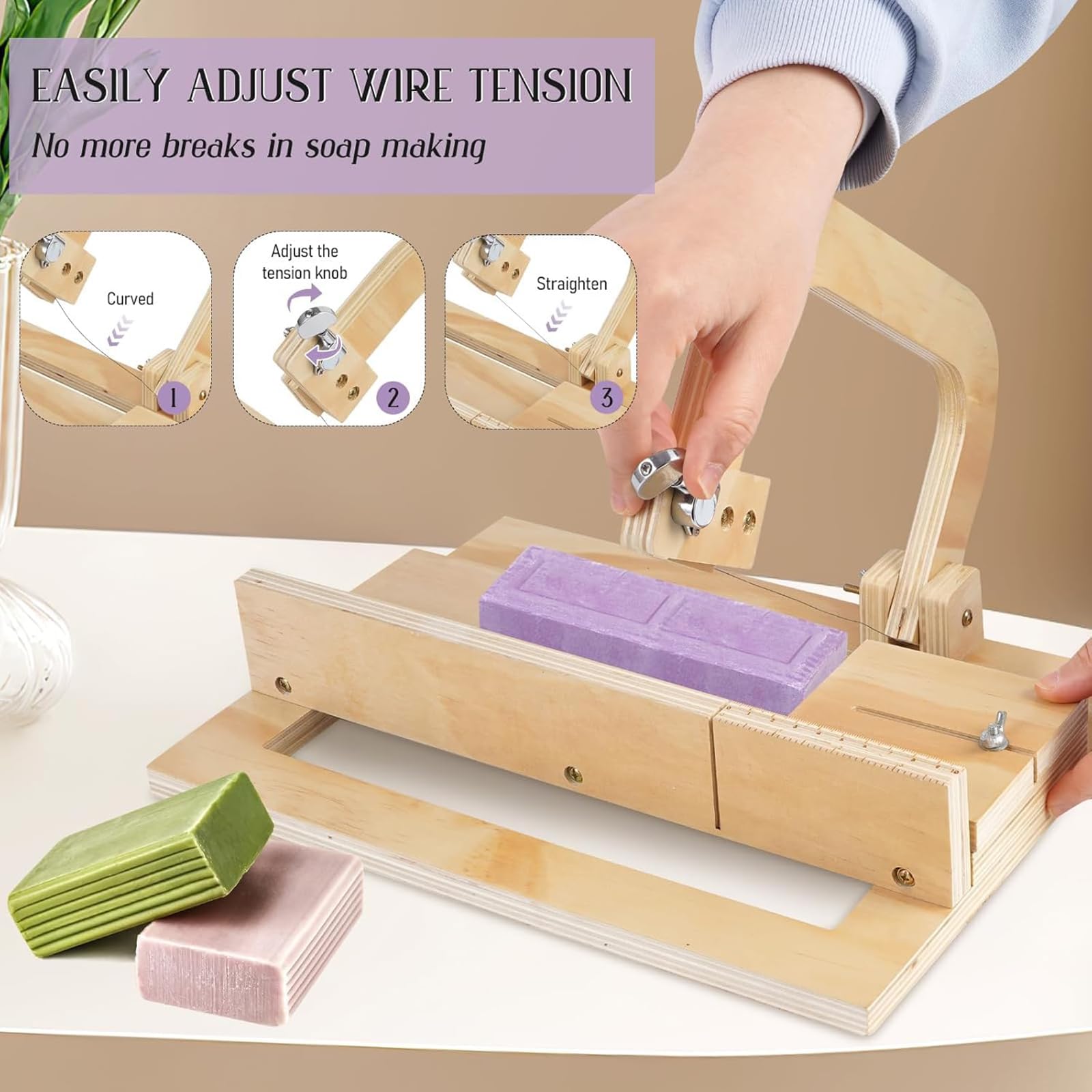 Cortador De Jabón De Madera, Cortador De Jabón De Madera Ajustable con Alambre De Acero Inoxidable, Suministros De Fabricación De Jabón, para Jabón Hecho a Mano, Queso Y Velas