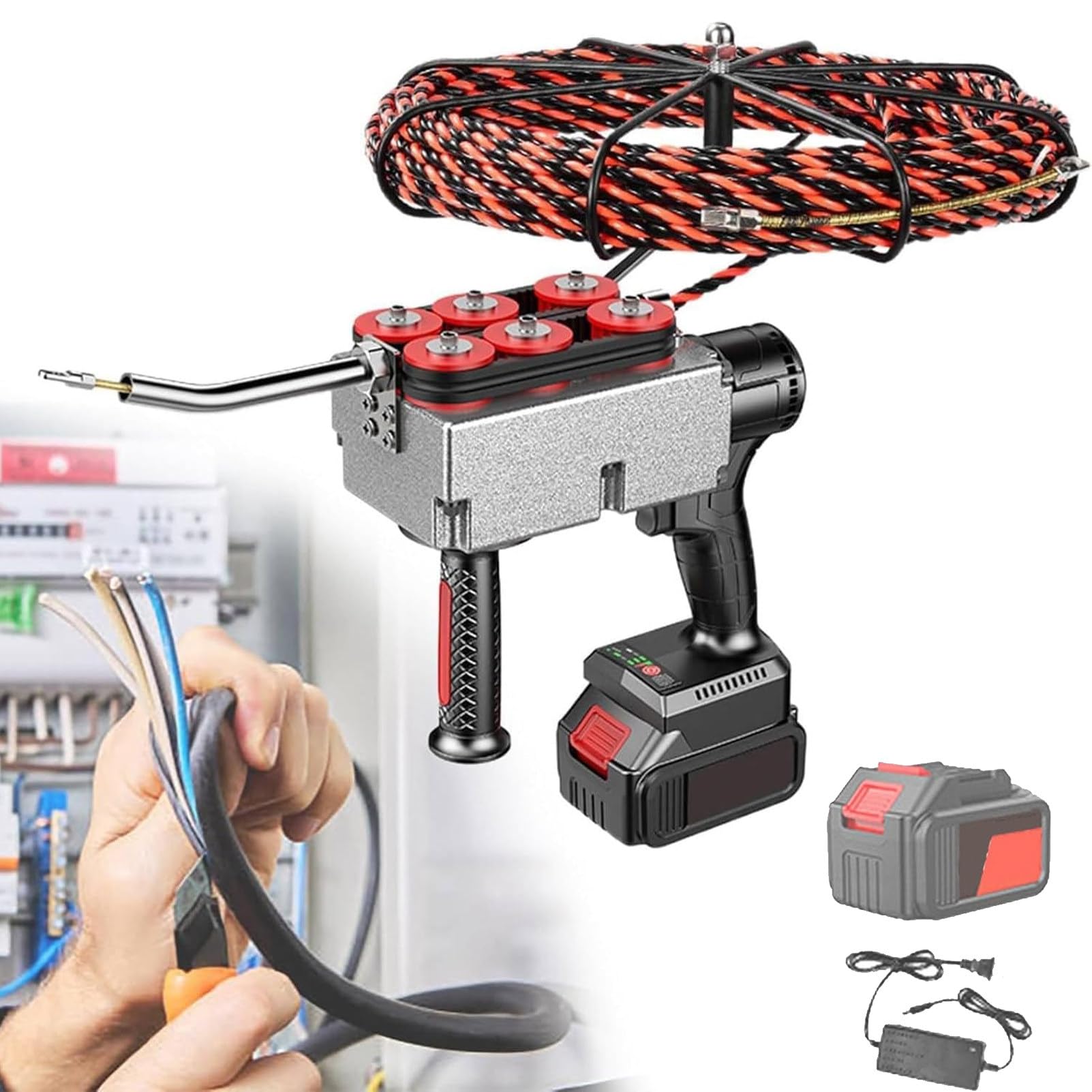 Pnpaea Electric Cable Wire Threader,Automatic Cable Threading Tool,Stepless Speed,Threading Machine,One-Button Operation,for Construction and Hydropower Projects 15MeterLeadWire-1battery(10cells)