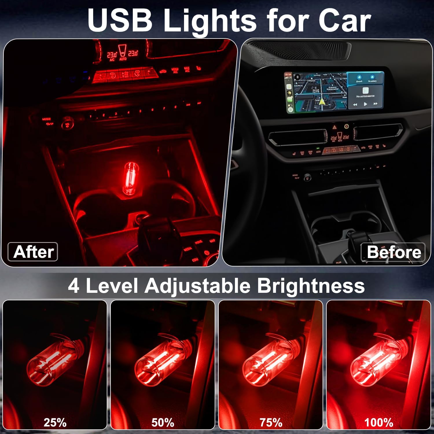 2 PCS Car USB Lights, Plug-in Retro Car Atmosphere Lamp with Touch Dimmable, Portable Mini Glass Bottle LED Bulb Night Lights for Vehicle Bedroom Hallway Camping Holiday Decoration (Red)