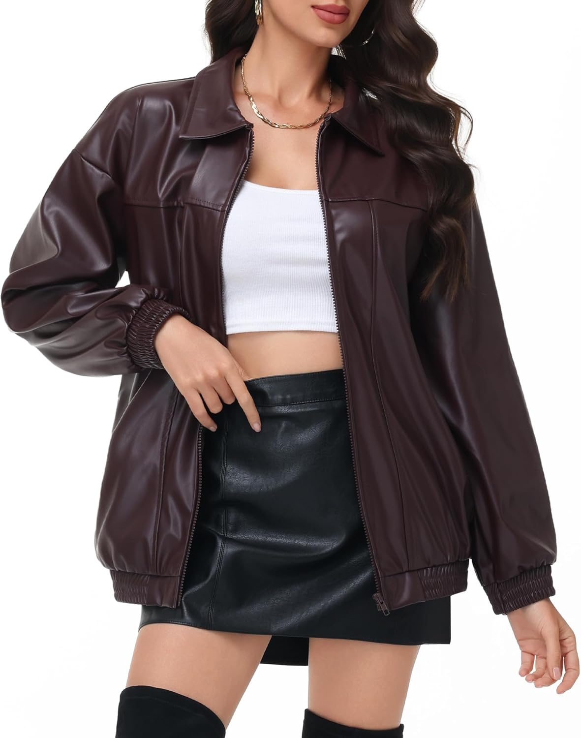 Simlakey Women Oversized Leather Jacket Faux Motorcycle Coat Zip up Long Sleeve Jacket Stylish Clothes 2025