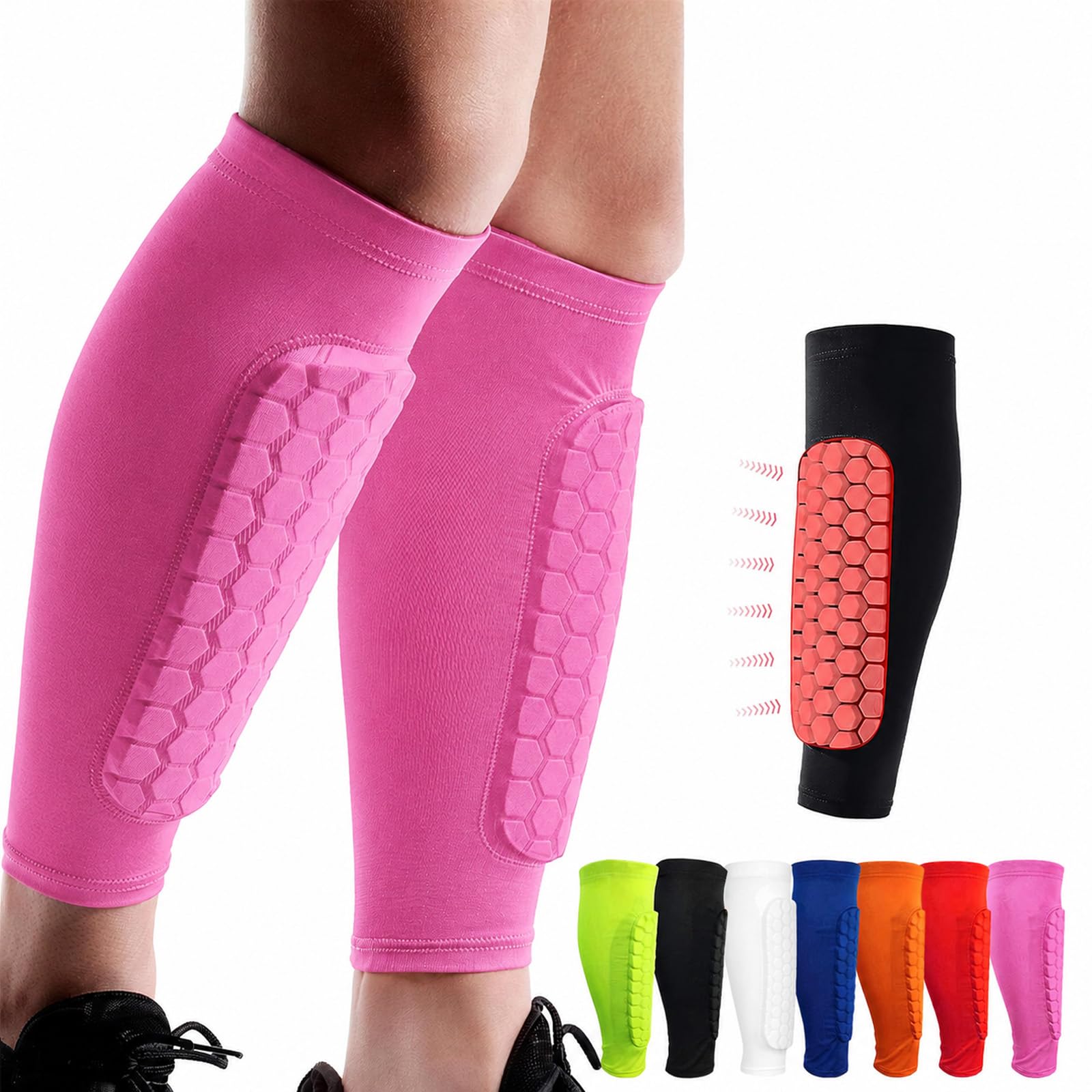 Shindefender Shin Guards Pads, Honeycomb Compression Sleeve Football Shin Guards for Boys, Teenagers and Adults, Soccer Defender Pads with Superior Impact Absorption, Lightweight (Pink, M)