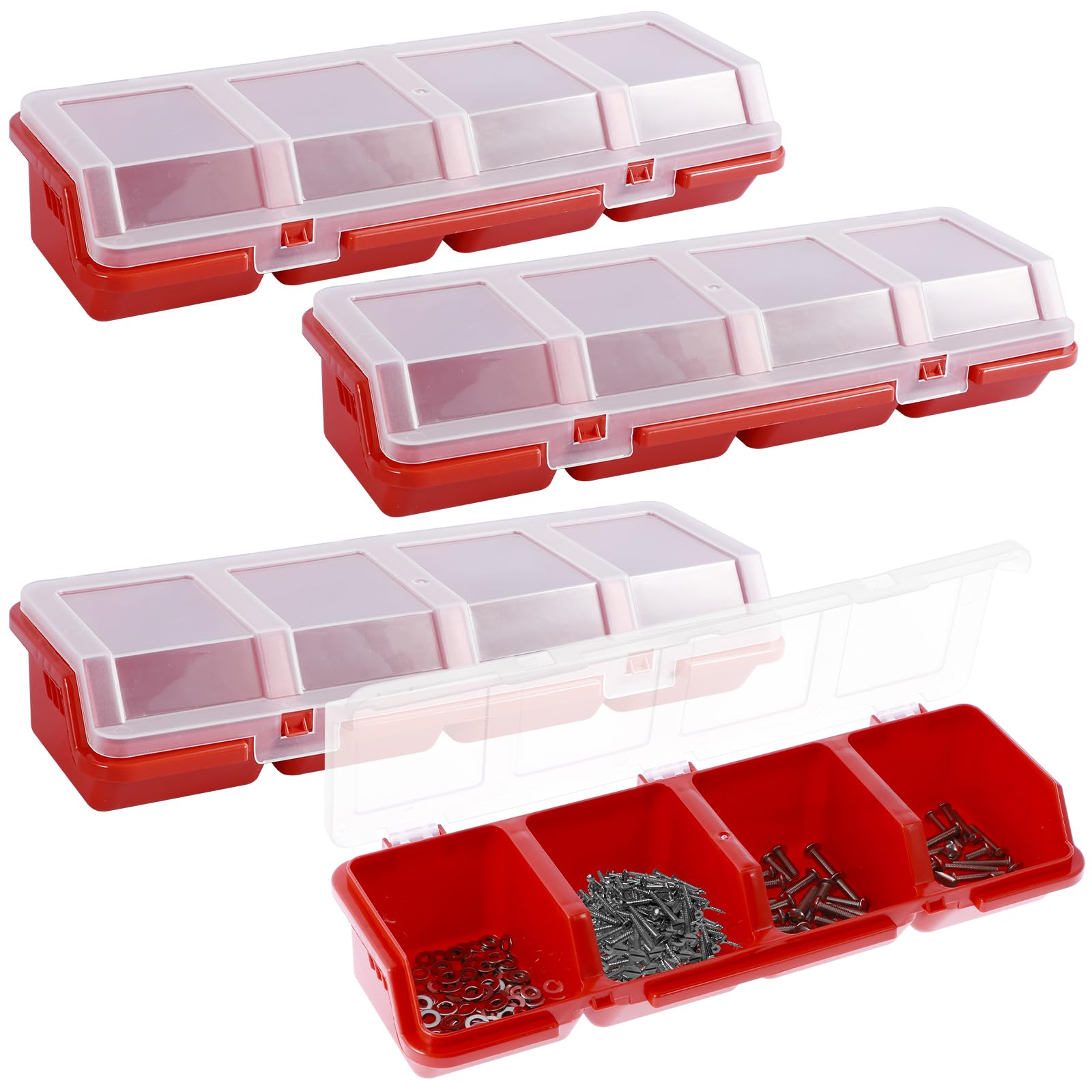 Foppla 4Pcs Parts Organizer Box Plastic Screw Organizer Box with 4 Compartment Small Tool Part Container Bin with Lid and Lock Divided Hardware Organizer Bin for Garage Workshop(gules)