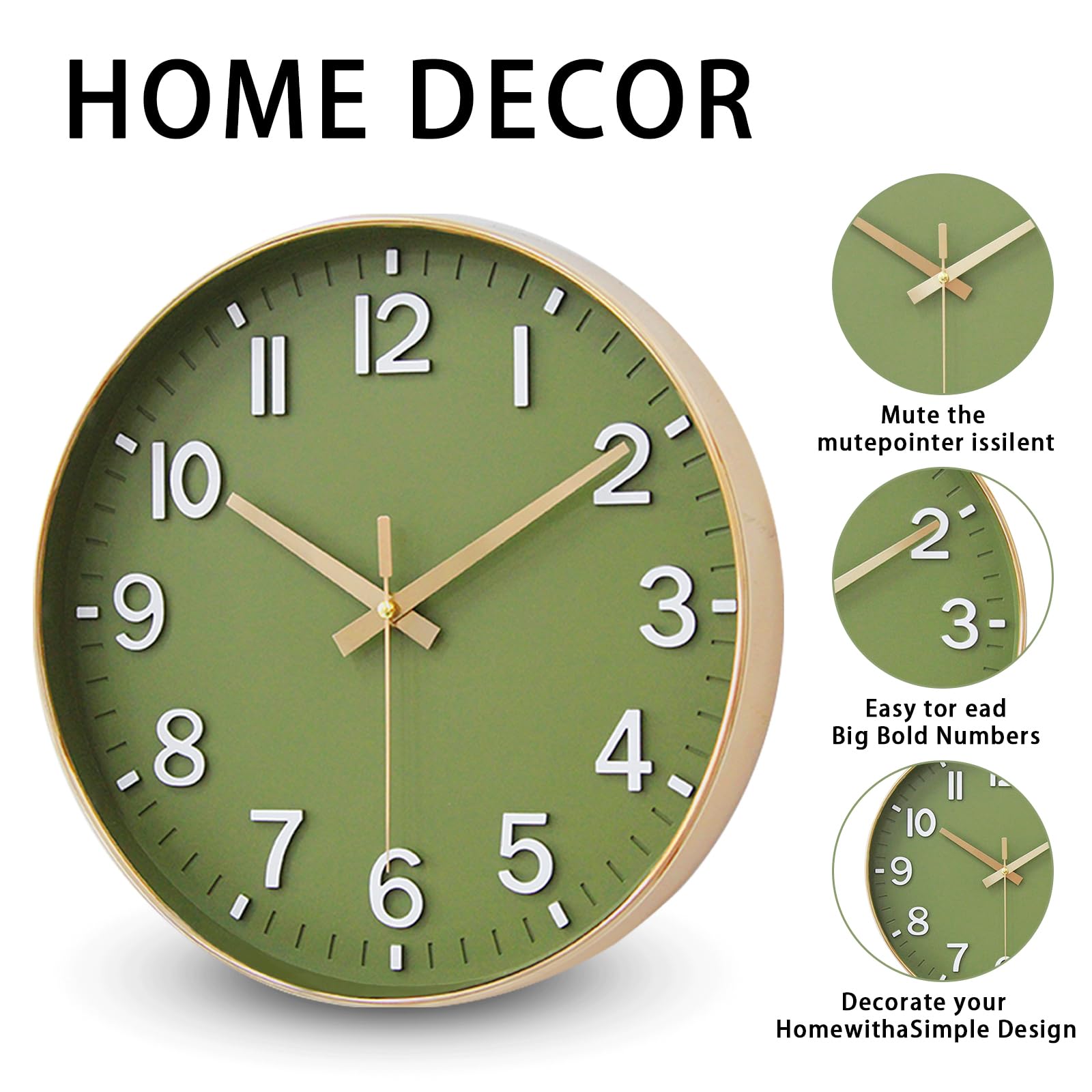 Condition photo showing New/Like New for hzdhclh wall clocks battery operated,wall clock green gold,12 inch wall clock silent non ticking modern 3d numbers for kitchen bedroom living room office classroom decor