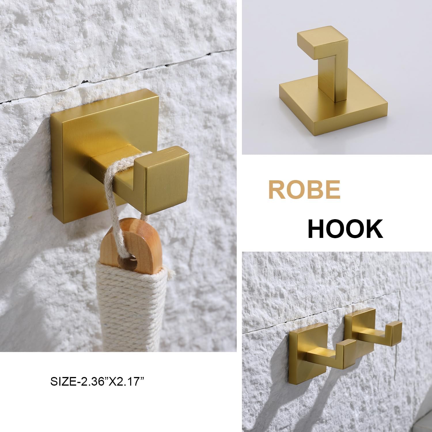 TASTOS Bath Towel Hooks Brushed Gold, 4 Pack Stainless Steel Robe Coat and Clothes Hook, Heavy Duty Wall Hook for Bathroom & Kitchen, Modern Square Style Wall Mounted…