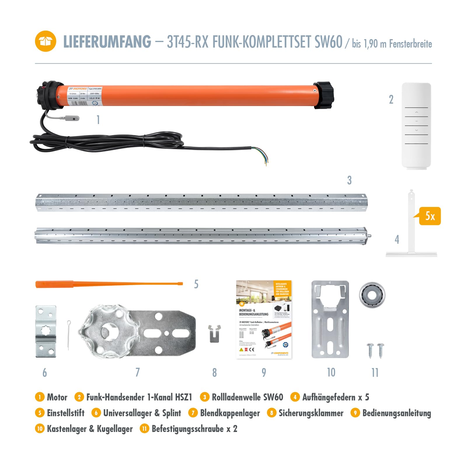 3T-MOTORS Funk-Rollladenmotor Komplettset mit Fernbedienung HSZ1, SW60 Welle 1,90 m, 3T45-20RX (Zugkraft 20 Nm/40 kg) mit mechanischen Endschaltern, bidirektional, Rollladenantrieb
