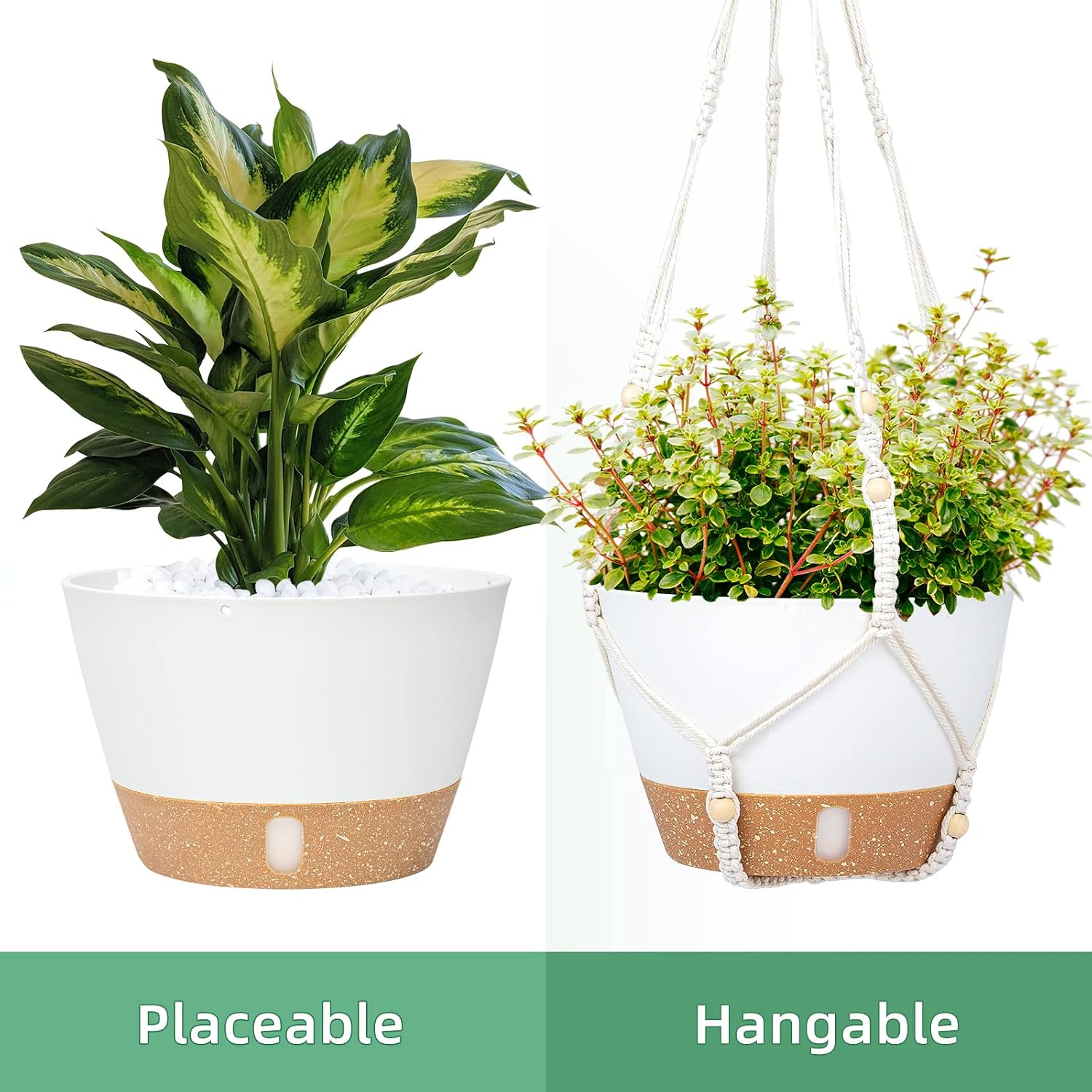 QCQHDU 2 Pack Macrame Plant Hanger Hanging Planters Set,10 Inch Indoor Outdoor Hanging Plant Pot Basket,Hanging Flower Pot with 3 Hooks for Garden Home(Whie)