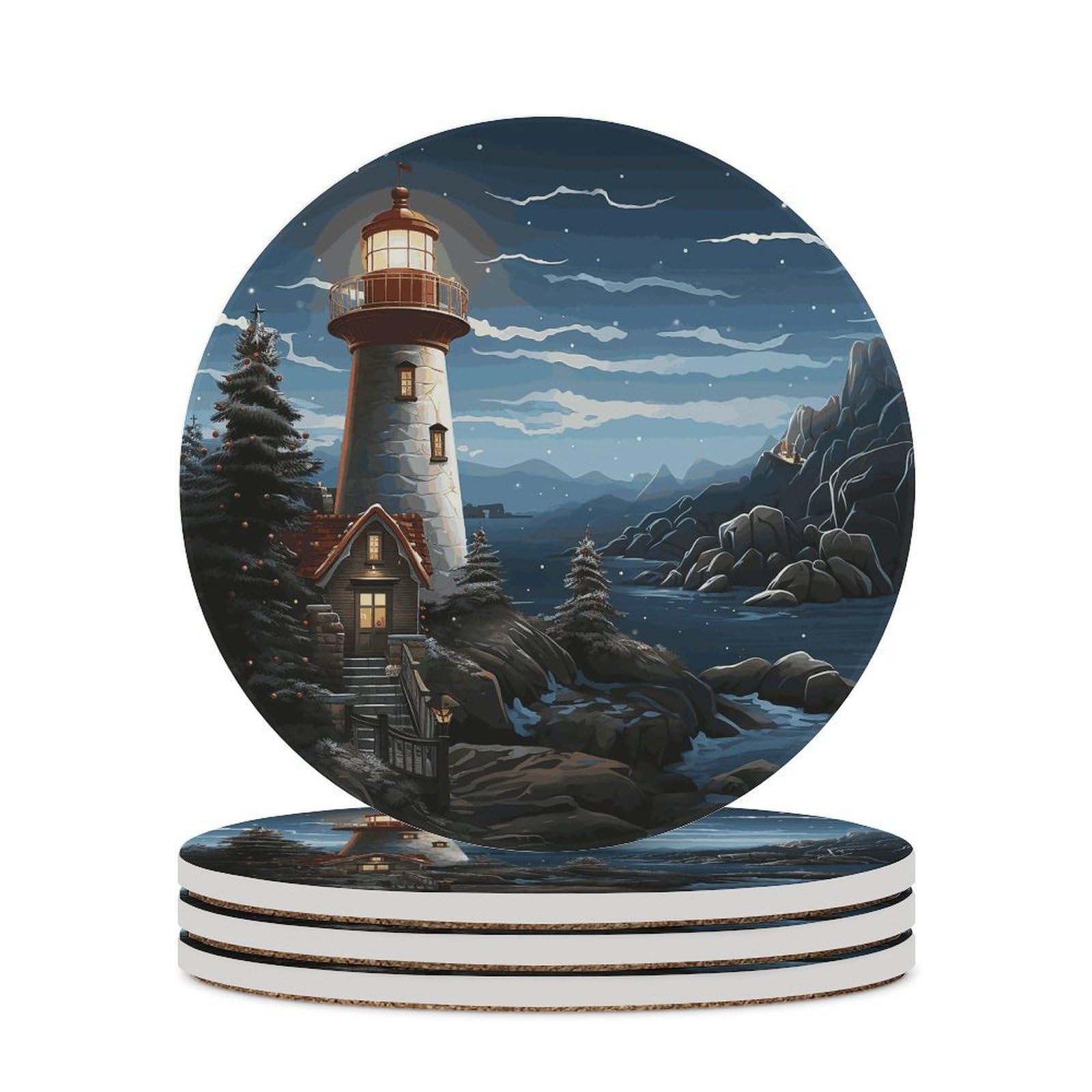 Khauerbc Style Santa Claus Lighthouse Drink Coasters With Holder For Coffee Table,Ceramic Coaster With Cork Base,Ceramic Stone Coaster For Iced Cold Or Hot Drinks,4.1 Inches