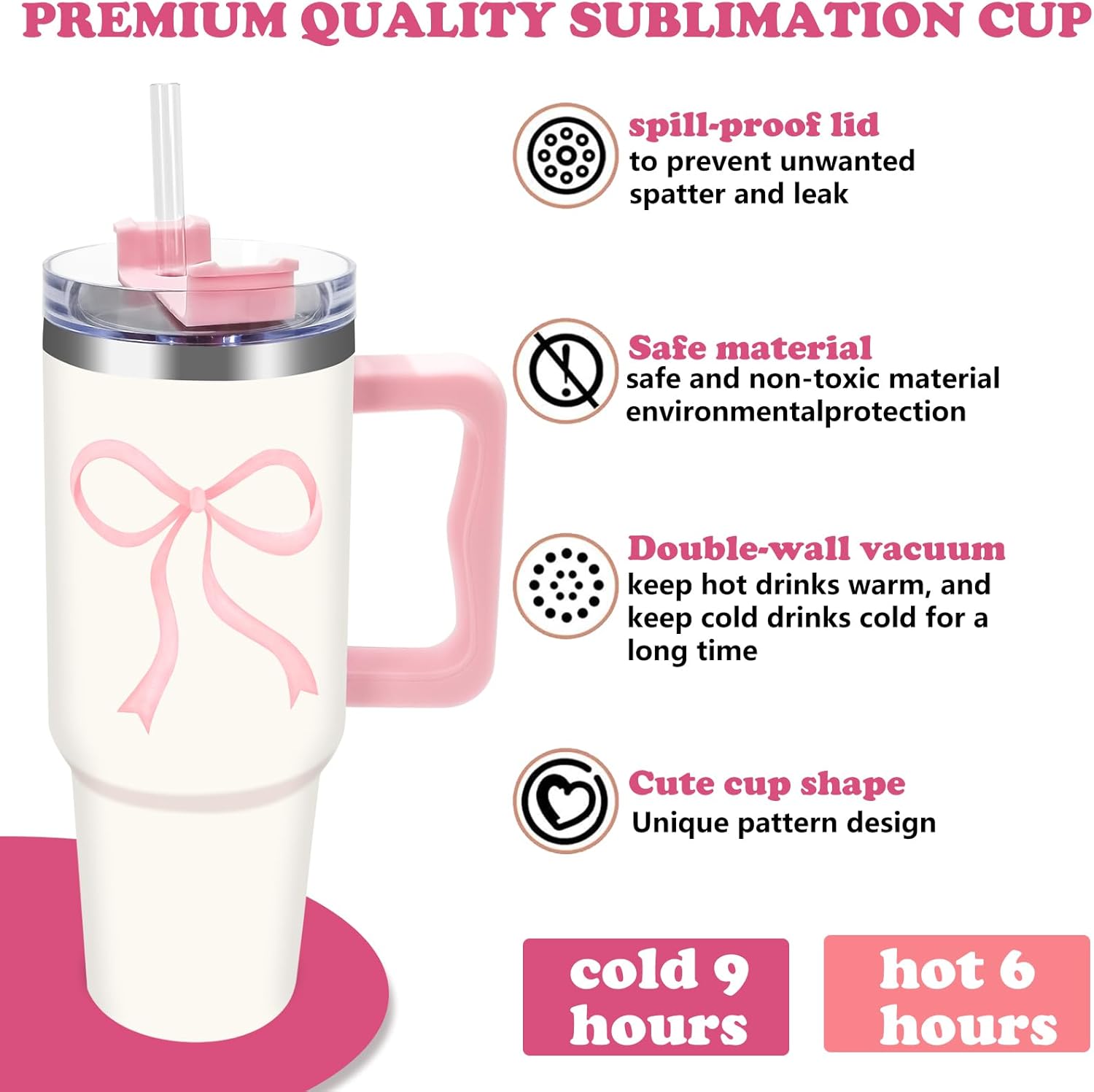 Pink Bow Tumbler with Lid Straw 40 Oz Watercolor Bowknot Stainless Steel Cup with Handle Coquette Travel Coffee Tumbler for Home Office Party Classroom - Image 4