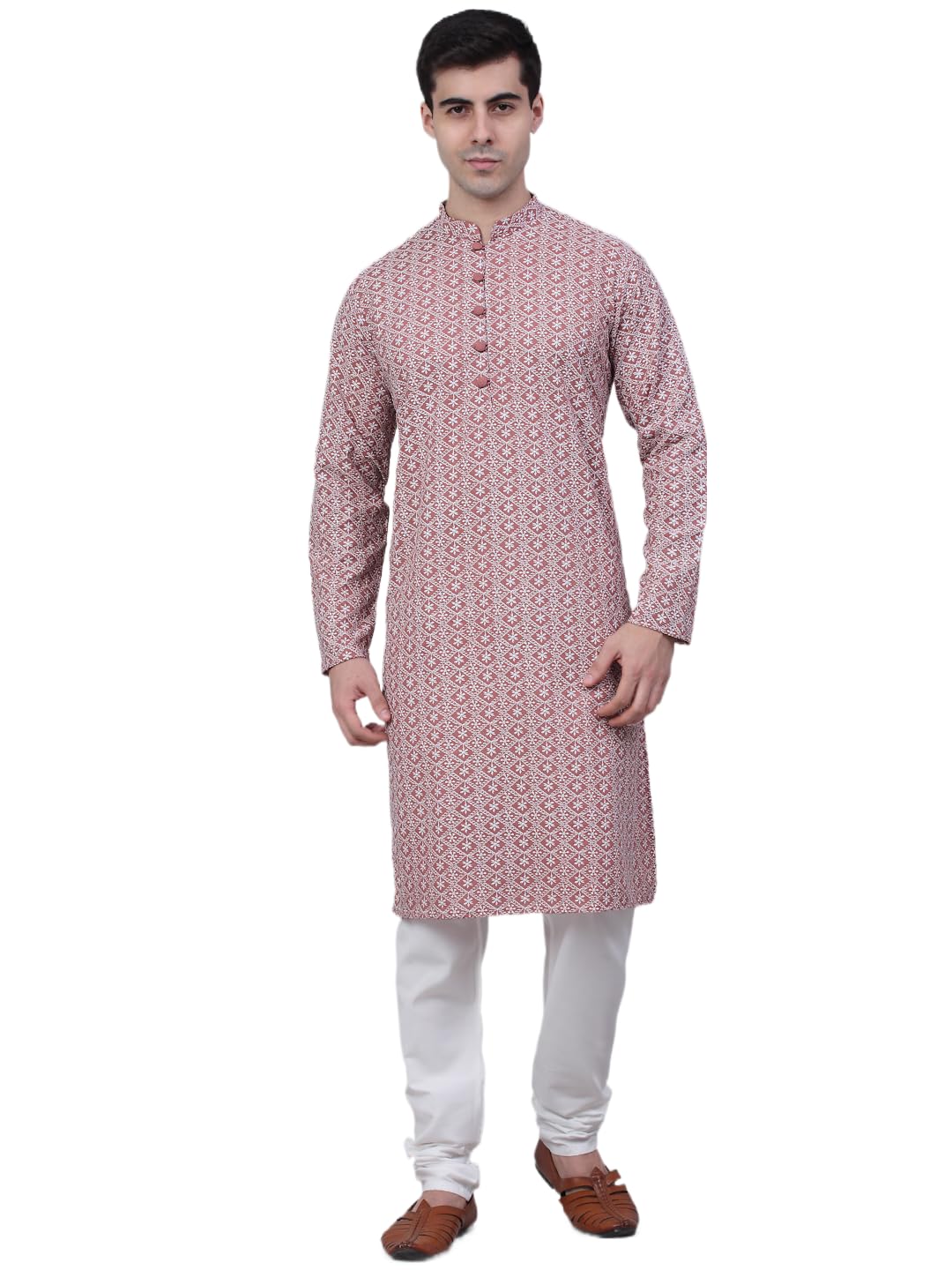 Jompers Men's Floral Embroidered Kurta Pyjama Sets (Coral, Xl)