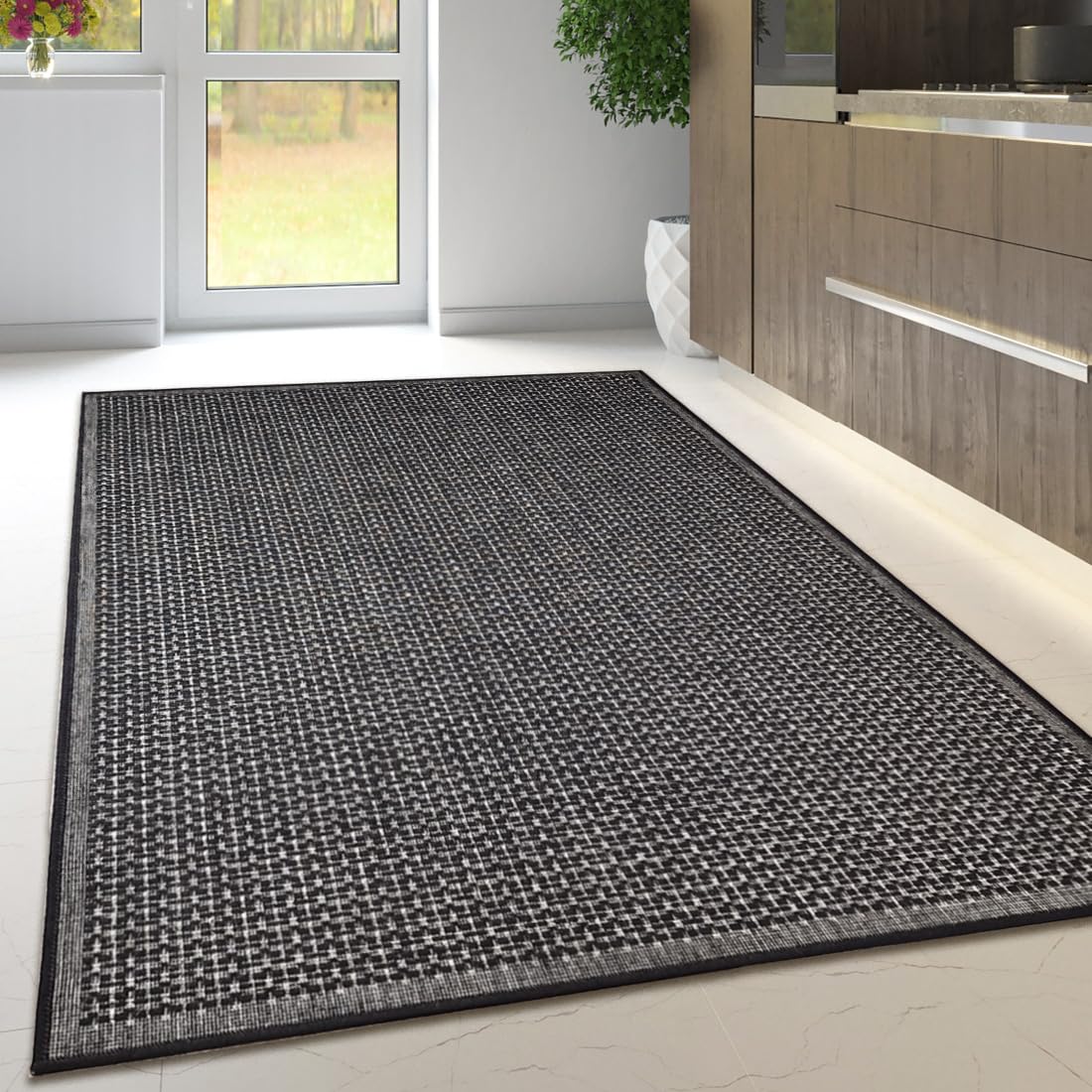Viva Rugs Non Slip Rug Kitchen Living Room Fat Weave Check Carpet Small Large Runner Mat (160x225cm - 5'3''x7'4''ft, Black Plain) — image 1