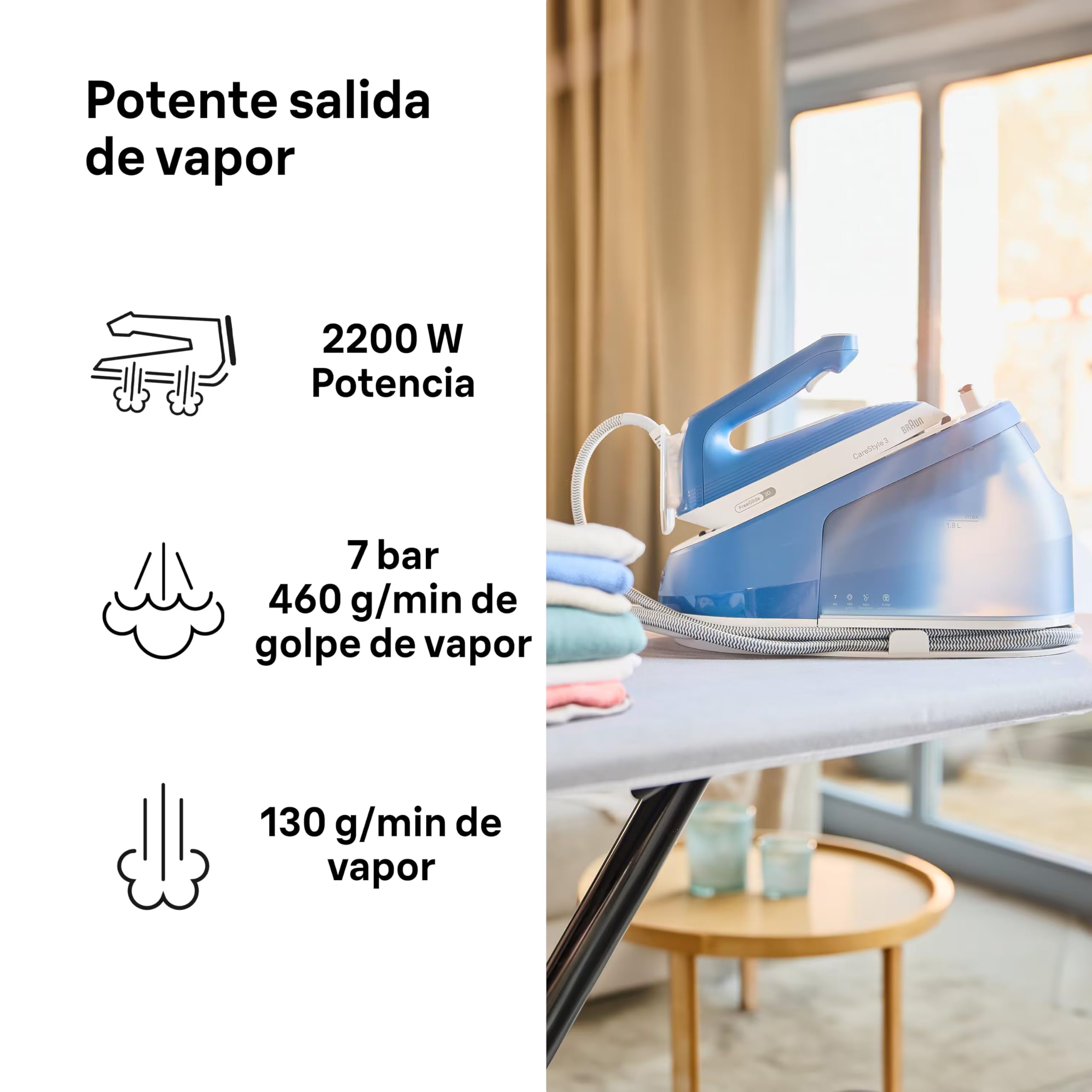 Braun CareStyle 3 – Centro de Planchado Compacto, Plancha de Vapor con Caldera 7 Bar, Tecnología Eco iCare, Suela FreeGlide 3D, Planchado Rápido y Suave, Azul (IS3255BL)