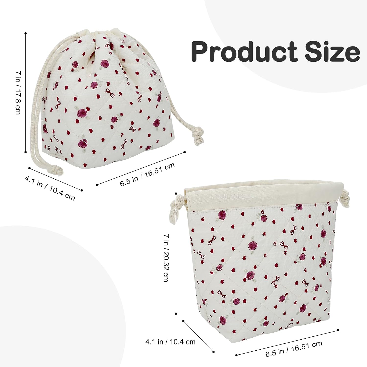 Small Quilted Drawstring Makeup Bag (Elegant Roses) image 4