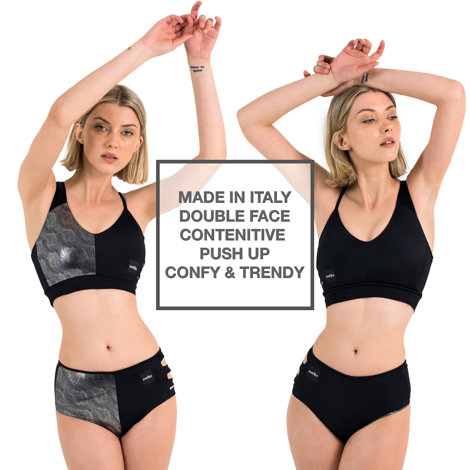 Invertika Kompletny top damski - majtki damskie - bielizna sportowa - Polak Dance z lycry podwójna twarz odwracalna wkładka Made in Italy, Czarny/Srebrny, L