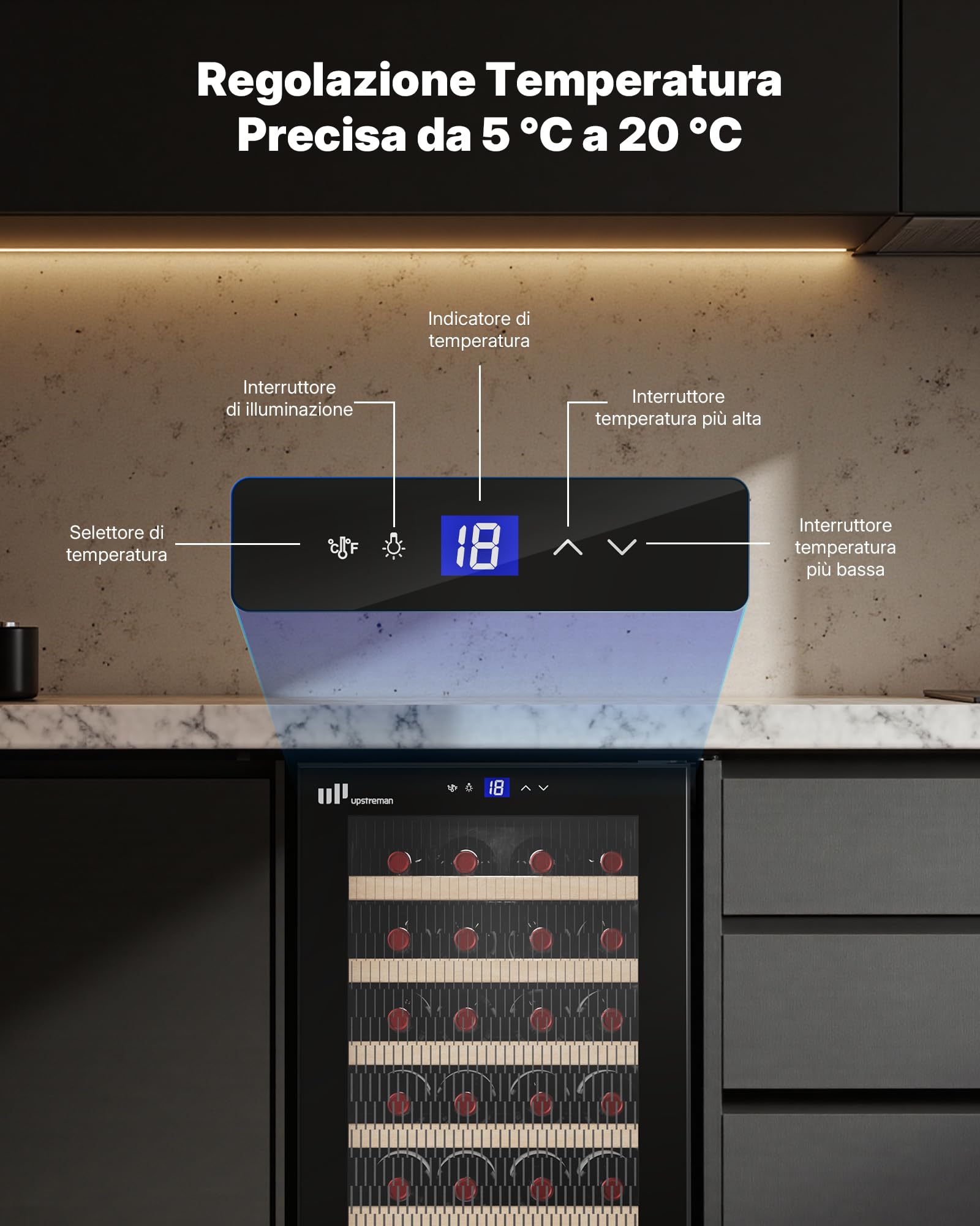 Upstreman Cantinetta Vino, 24 Bottiglie, Temperatura Regolabile 5°C - 20°C, da Incasso o Sottobanco, Doppio Vetro Isolante, Display Touch, Illuminazione LED, 5 Ripiani, Nero W24