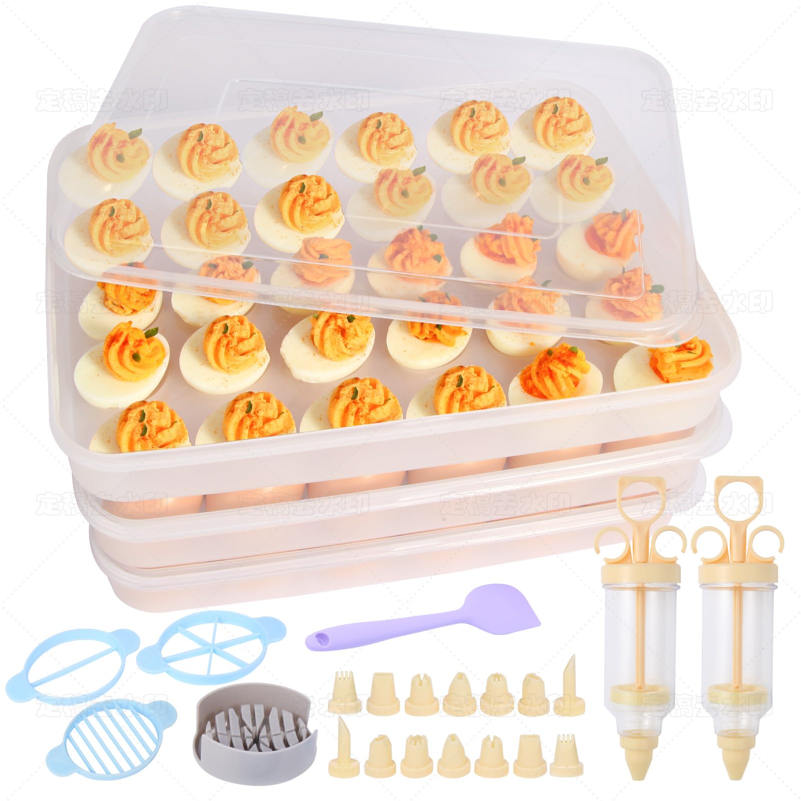 90 Deviled Egg Containers with Lid (Set 3),Plastic Deviled Egg Tray Carrier with Handl Injector Piping Tool,Clear Storage Deviled Egg Platter Holder for Refrigerator Party Picnic Party Events Serving
