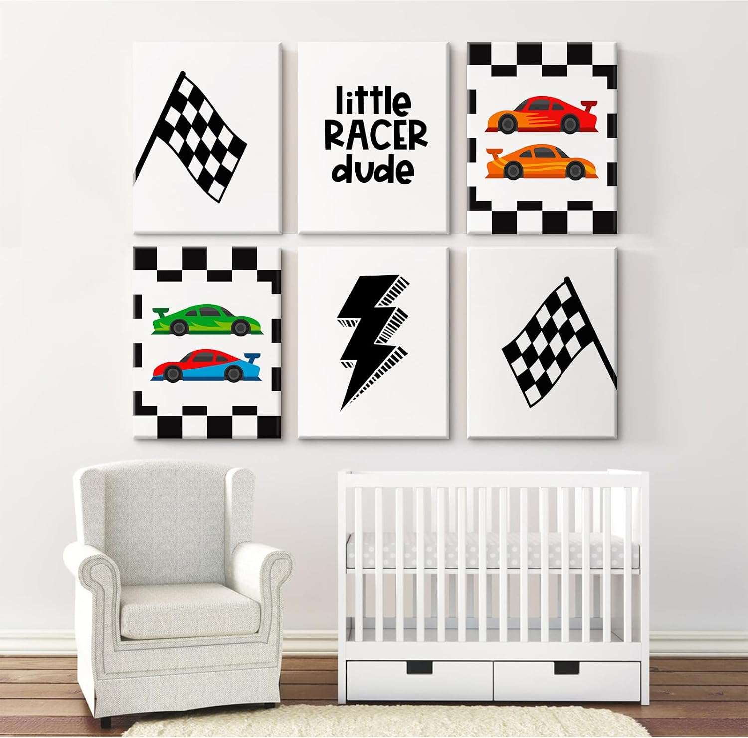 Race Car Wall Art Pictures Boys Room Wall Decor Nursery Toddler Canvas Wall Art Kids Playroom Art Prints Boys Race Car Poster Nursery Artwork Set of 6 for Bedroom 8x10 Inch Framed