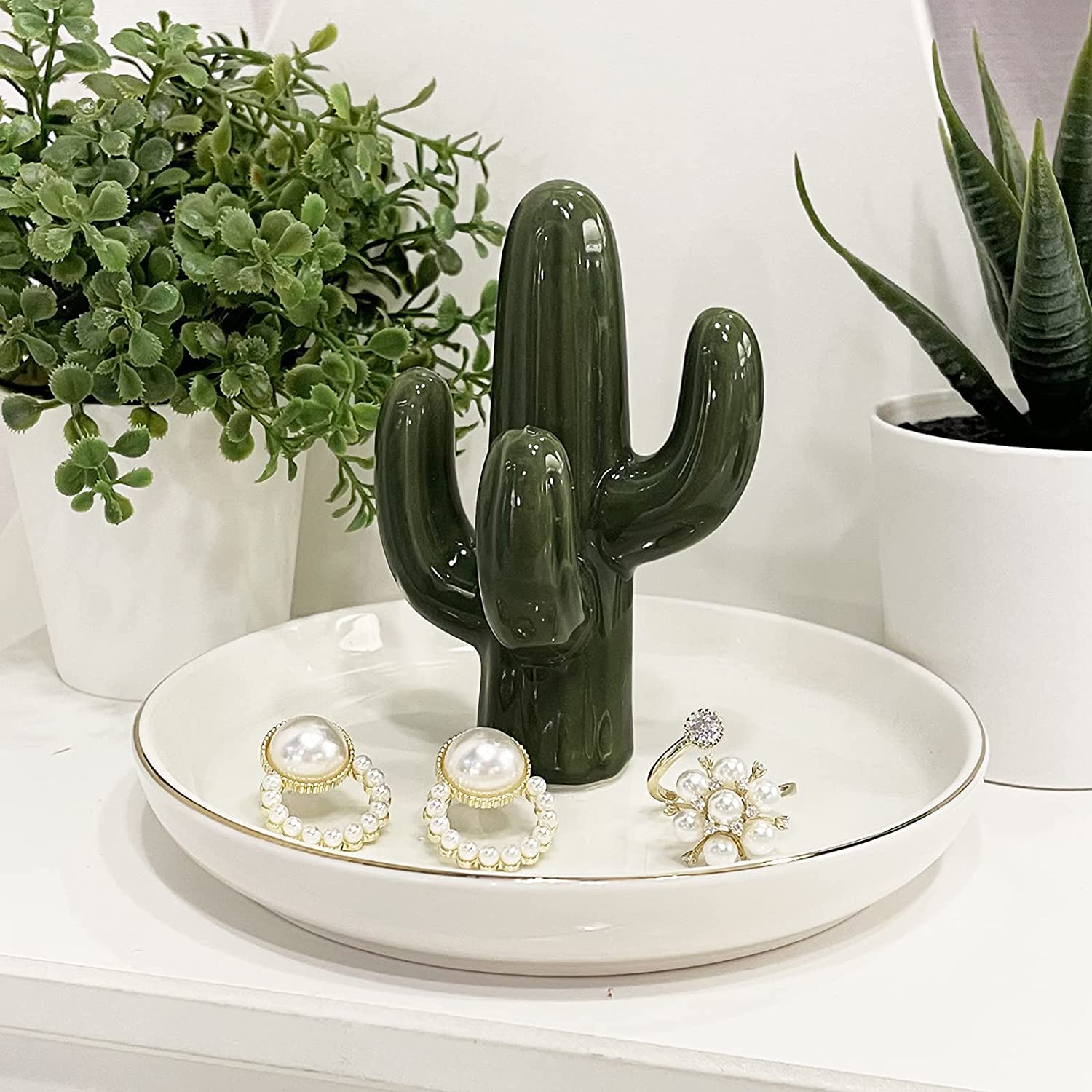 Lot De 2 Plateaux Porte-Bijoux En Céramique Forme Cactus - Vert Et Doré, Déco Coiffeuse, Cadeau Femme