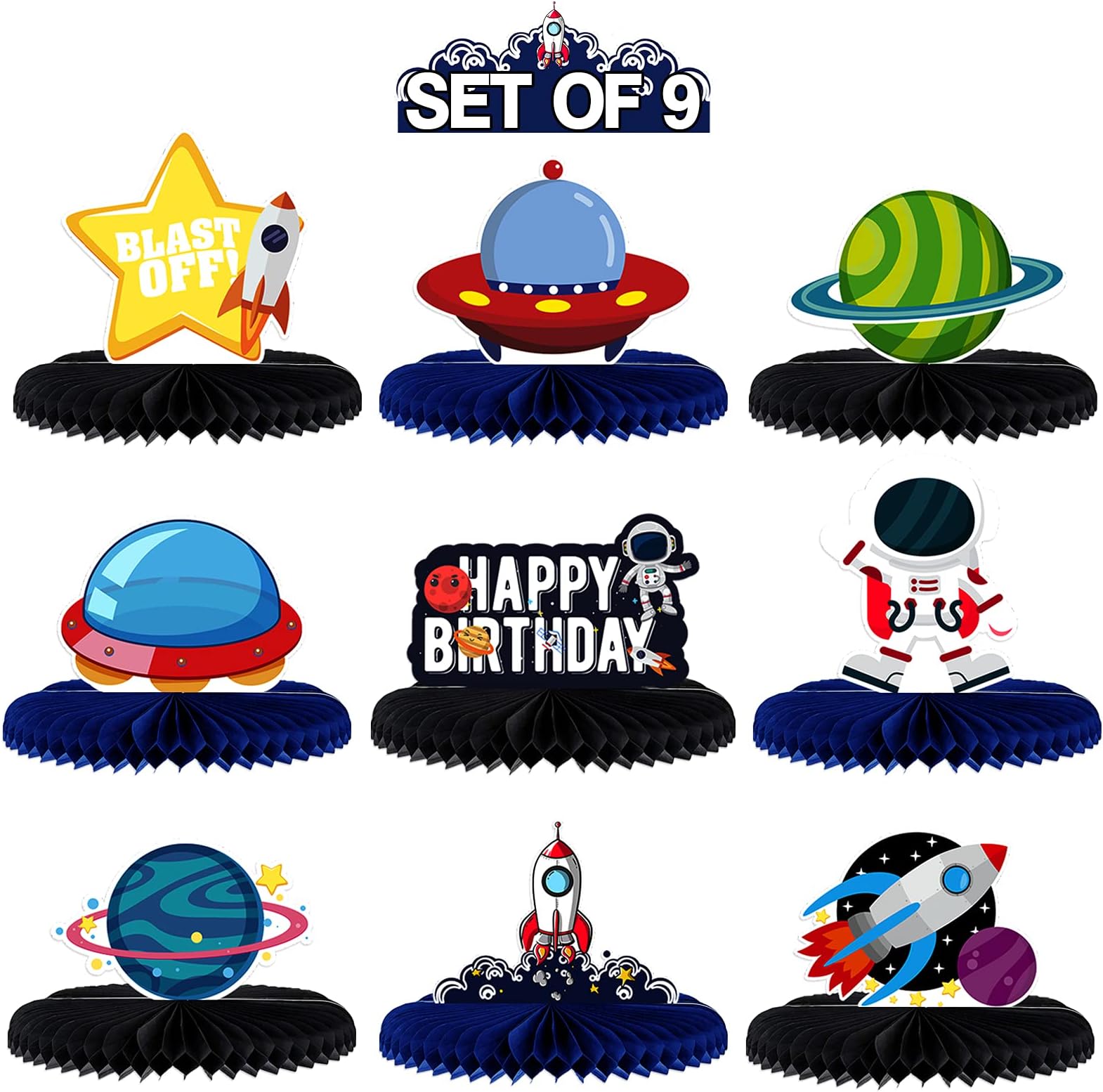 LINGTEER Outer Space Birthday Table Honeycomb Centerpieces - 9 pcs Astronaut Solay System Theme Happy Birthday Party Decorations Sign.