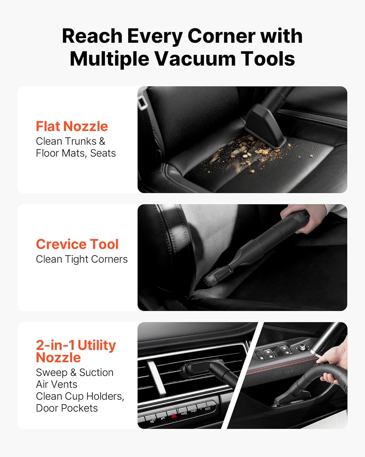 VEVOR Dry Vacuum Cleaner, 2.6 Gallon 2.5 Peak HP Portable Shop Vac with 800W Input Power, Various Nozzles, 1.25in Diameter x 4ft Hose, 9.2ft Cord for Home, Garage, Jobsite, Workshop, Black Orange