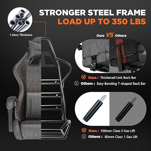 Miniatura 7 de Ferghana Silla vintage de piel sintética para videojuegos, silla de jugador con respaldo alto con masaje, silla ergonómica de oficina para