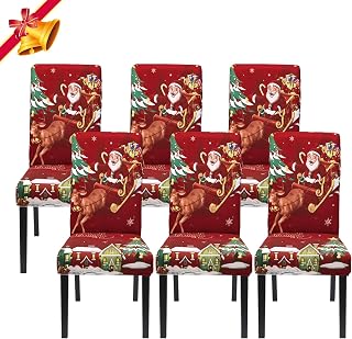 Jaotto Fundas para Sillas de Comedor Navideña, Fundas de Sillas de Comedor Respaldo Alto Elásticas para Navidad Lavables Desmontables,Cubiertas para Sillas para Hotel Banquete(Vino Navidad, 6 Piezas)