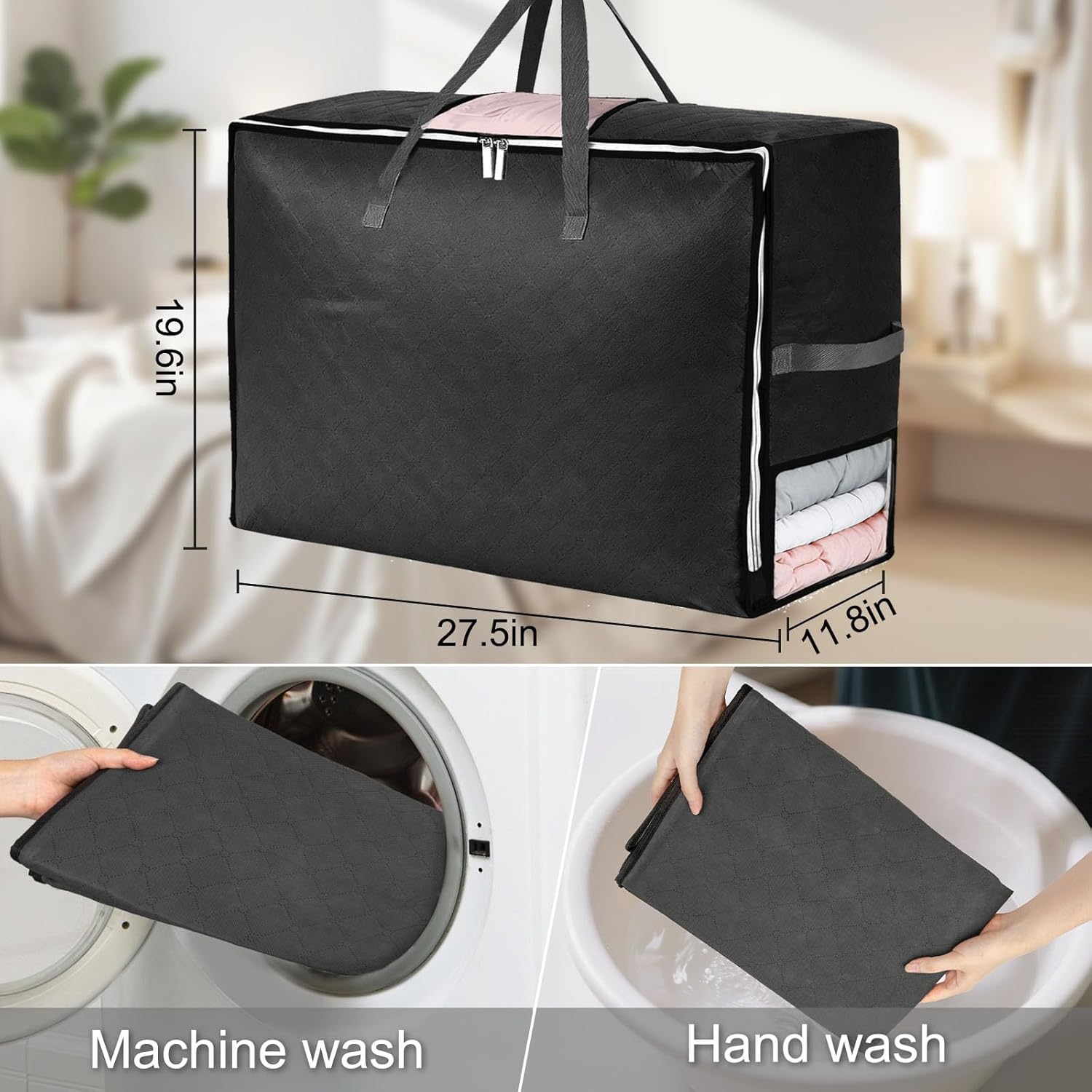 2Pack 105L Extra Large Blanket Comforter Storage Bags, Foldable Storage Bags for King Comforter Bedding Pillow Sheet Clothes with Handles Zippers Clear Window Closet Organizers and Storages, Black - Image 6