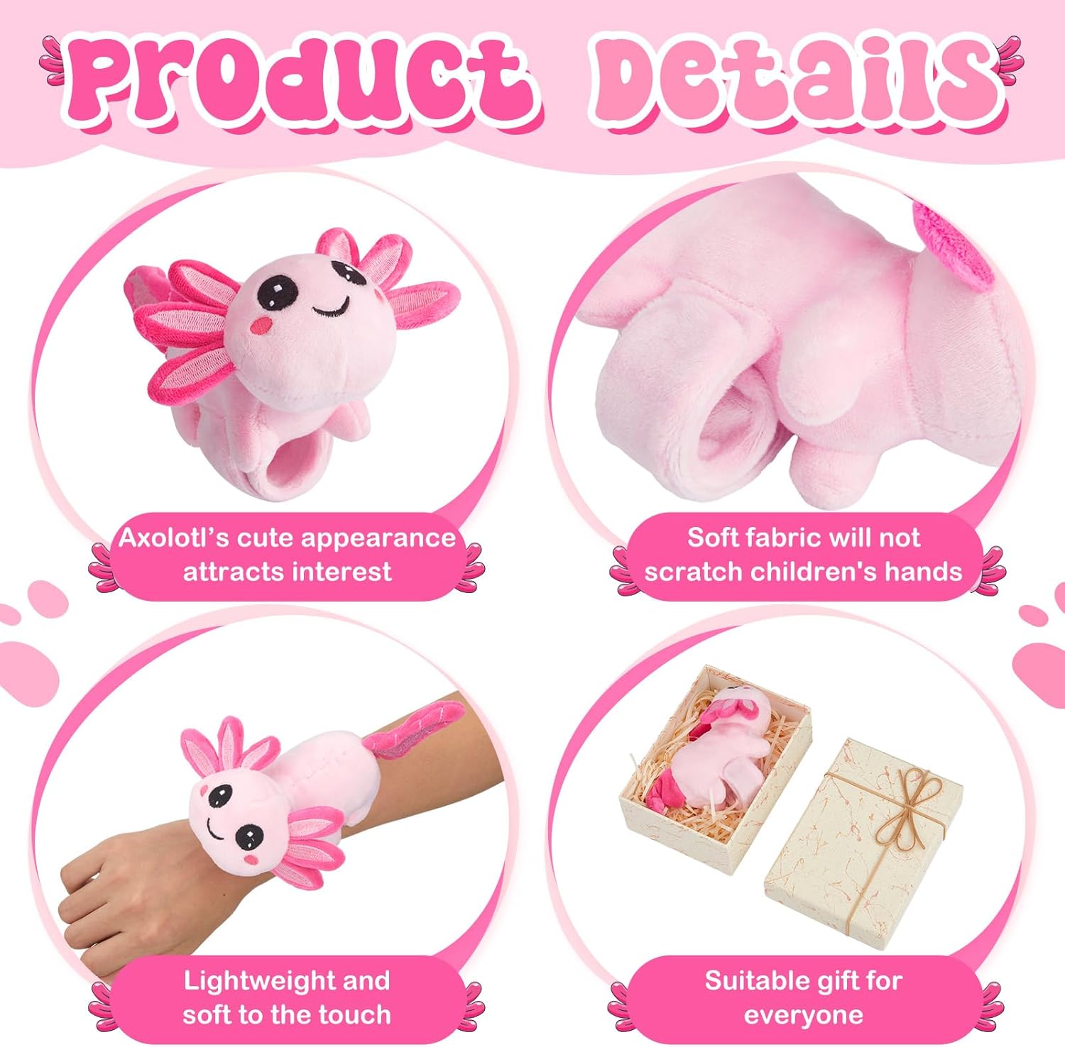 Deekin 4 Pcs 9 Inch Axolotl Stuffed Slap Bracelets Bulk Pink Plush Wrist Snap Band Cute Soft Stuffed Animals Jungle Themed Bracelets for Birthday Christmas Item Pet Adoption Party Favors