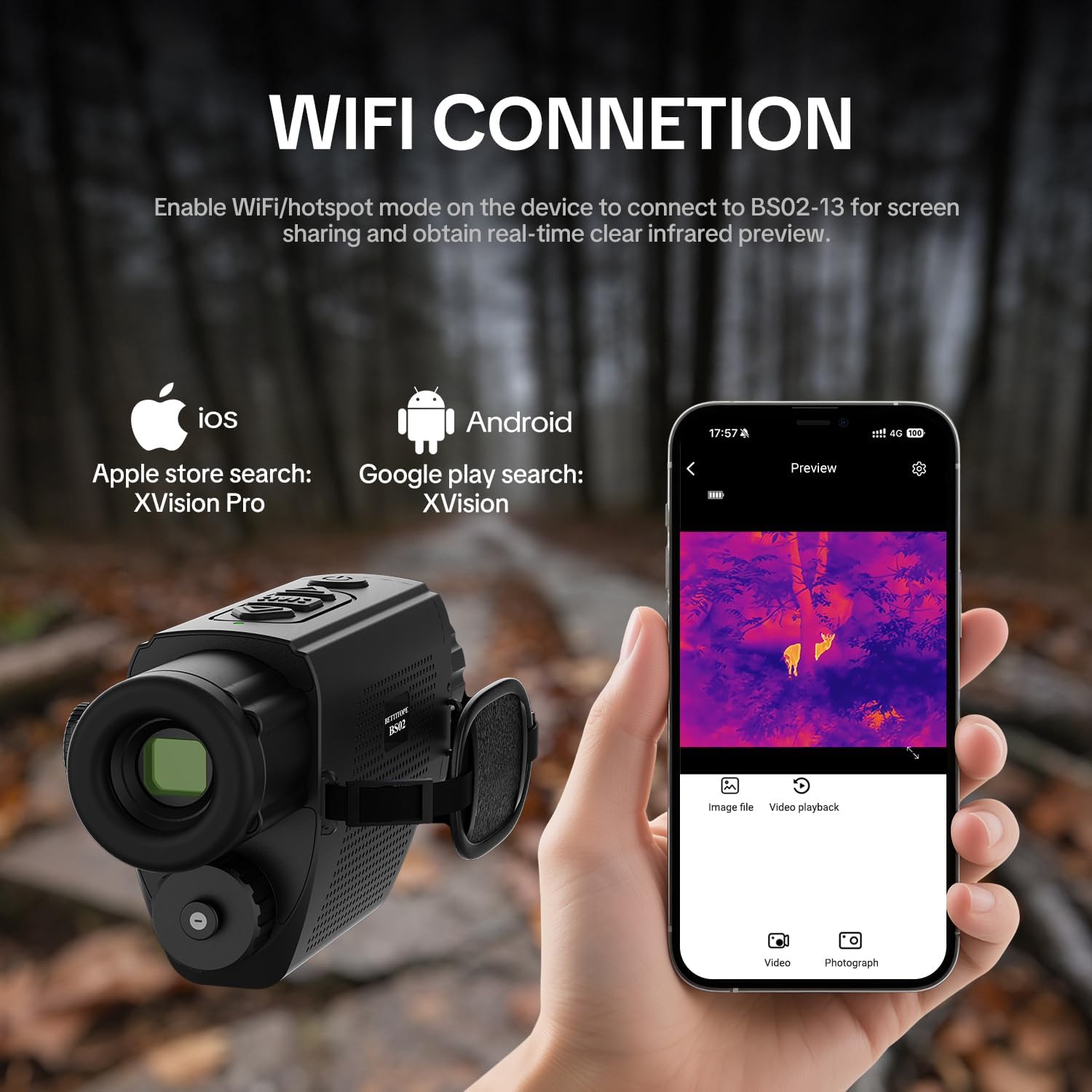 BS02-13 Thermal Imaging Monocular, 256 x 192 IR Resolution, 13mm Lens 50Hz Thermal Night Vision, Supports Wireless Connections, IP66 Thermal Imaging Camera