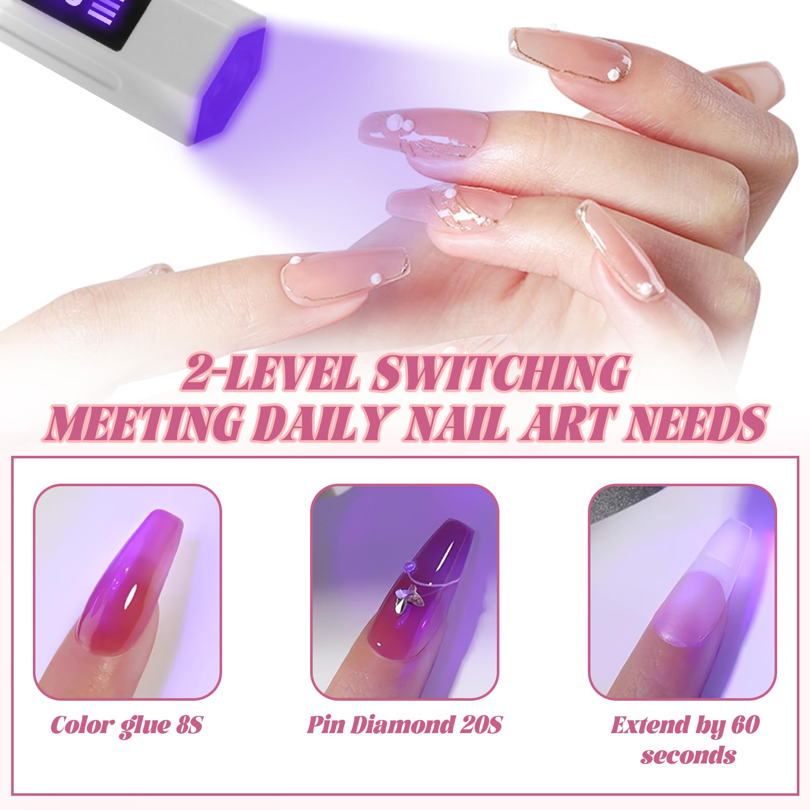 UV Nail Lamp Handheld UV Light Nail Dryer Curing Portable USB Rechargeable Led Mini Nail Lamps Quick Drying 3W Flash Cure Nail Dryer with LED Screen Mothering Sunday Gift for Women DIY at Home Travel - Image 3