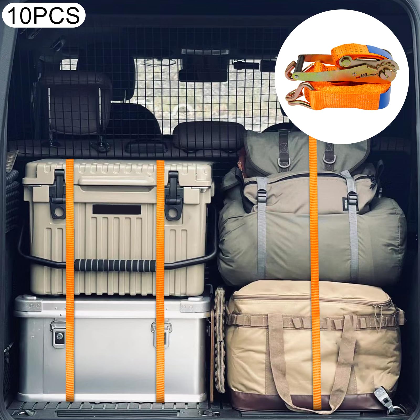 10x Spanngurt mit Ratsche, Zurrgurt 5 cm x 8 m, orange, Arbeitszugkraft 2,5 t (5511 lbs), Doppel-J-Haken, für Ladungssicherung auf Anhänger, LKW, Transporter – ideal für Holz, Möbel, Maschinen