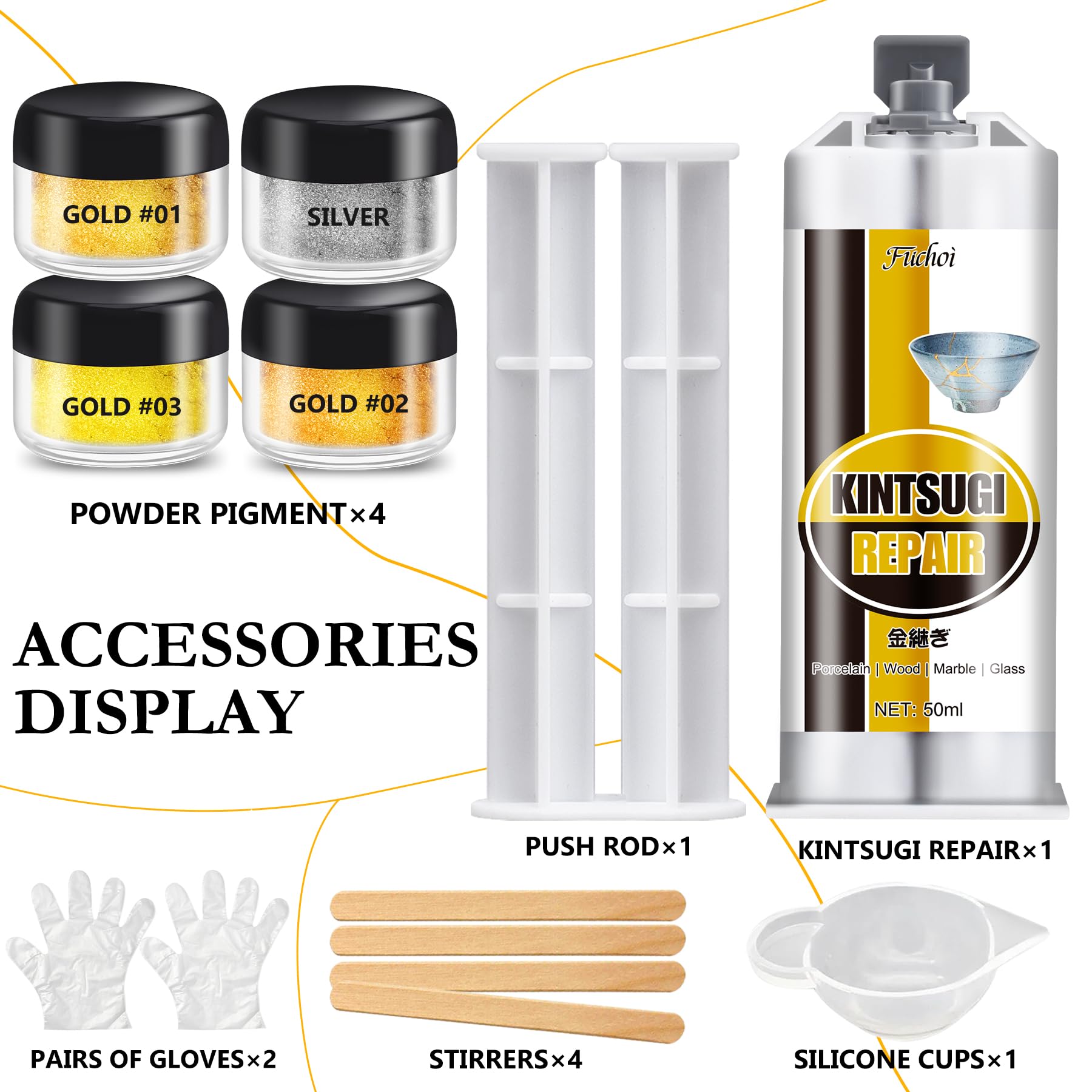 Kintsugi Repair Kit Gold & Silver - Food Safe Ceramic Glue for Broken Pottery, Porcelain, Bowls, Glass | Japanese Kintsugi Glue Perfect for Beginners Restoring Meaningful Gifts, 50ml