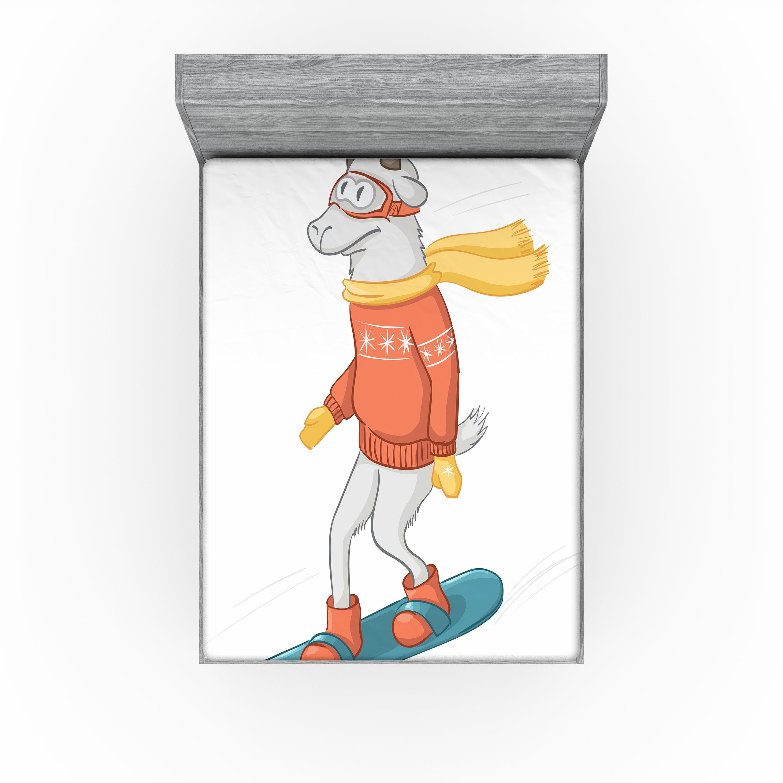 Ambesonne Goat 2 Pack Fitted Sheet, Cartoon Goat Snowboarding, Bed Cover All-Round Elastic Deep Pockets 2 Pieces, Package Contains 2 Full Size Fitted Sheets, Yellow White