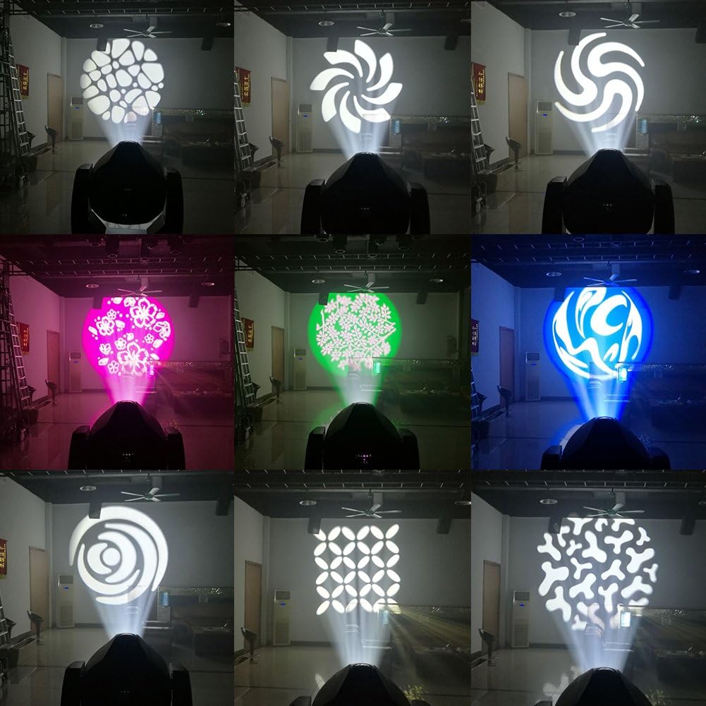 Another grid of nine different gobo patterns projected by the stage light, including abstract and swirling designs.