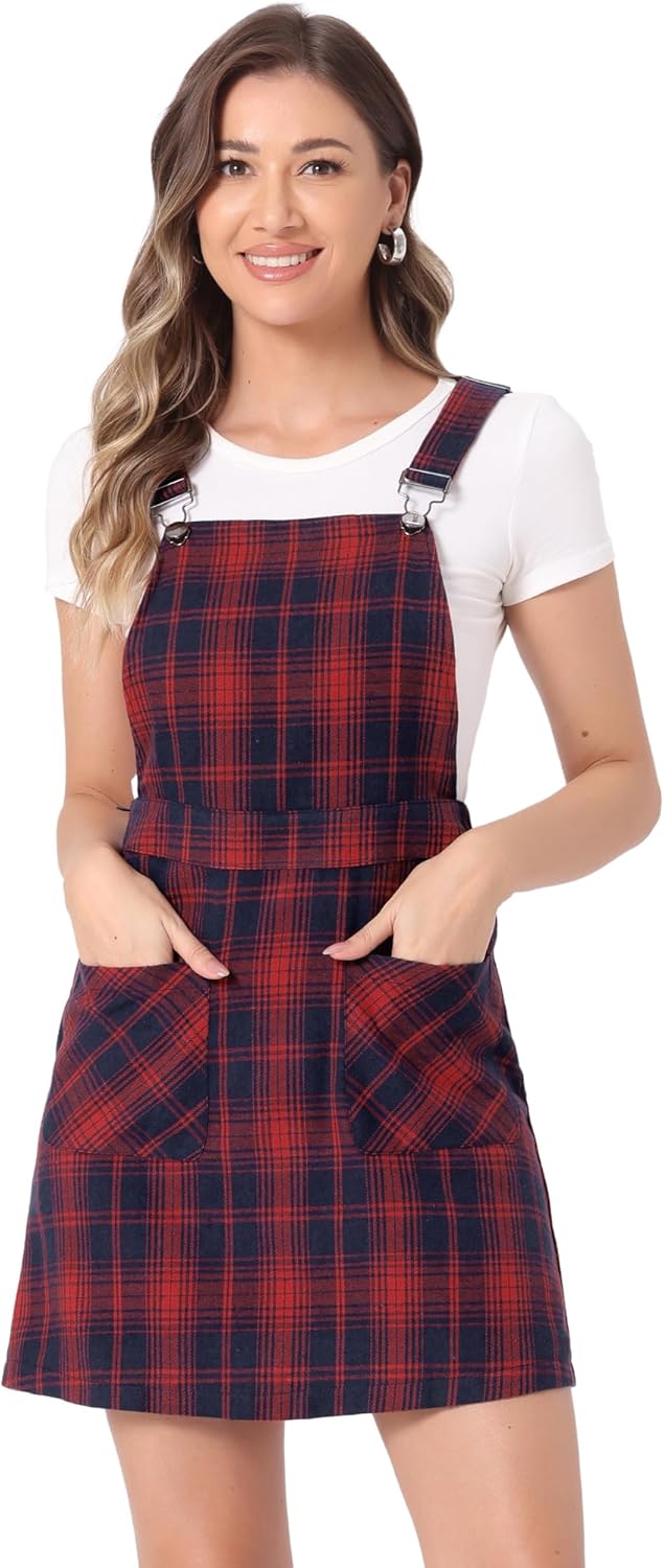 Allegra K Women's Plaid Overall Dress Vintage Checkered Suspender Skirt Short Pinafore Dress