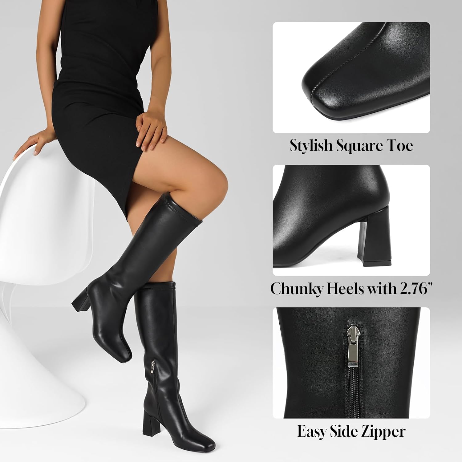 Eteridrey Square Toe Knee High Boots for Women Wide Calf Low Chunky Heel Tall Boots Comfortable Fashion Dress Long Boots with Side Zipper