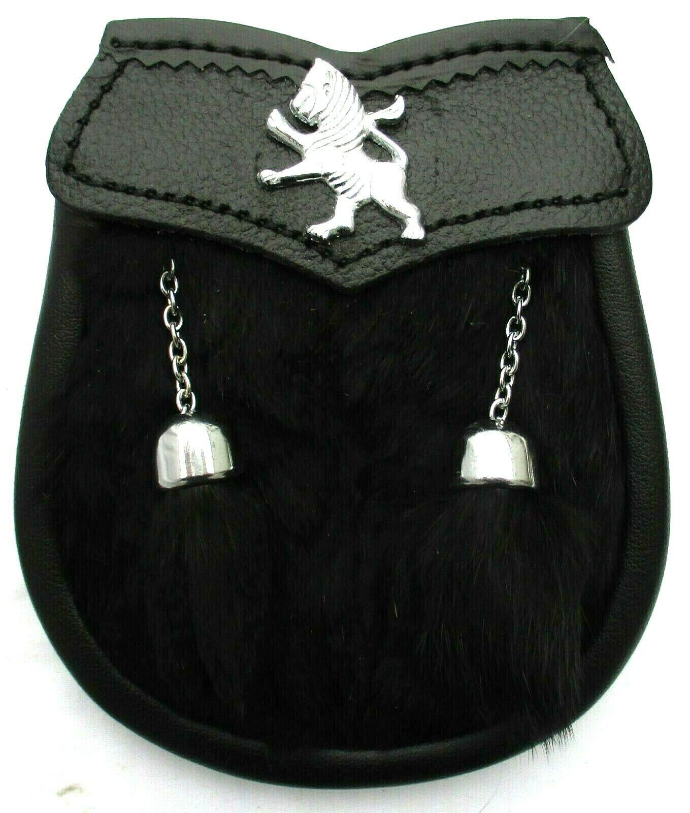 AAR Baby Sporran Black Rabbit Fur 2 Tassels Free Leather Belt Chain Multi Design