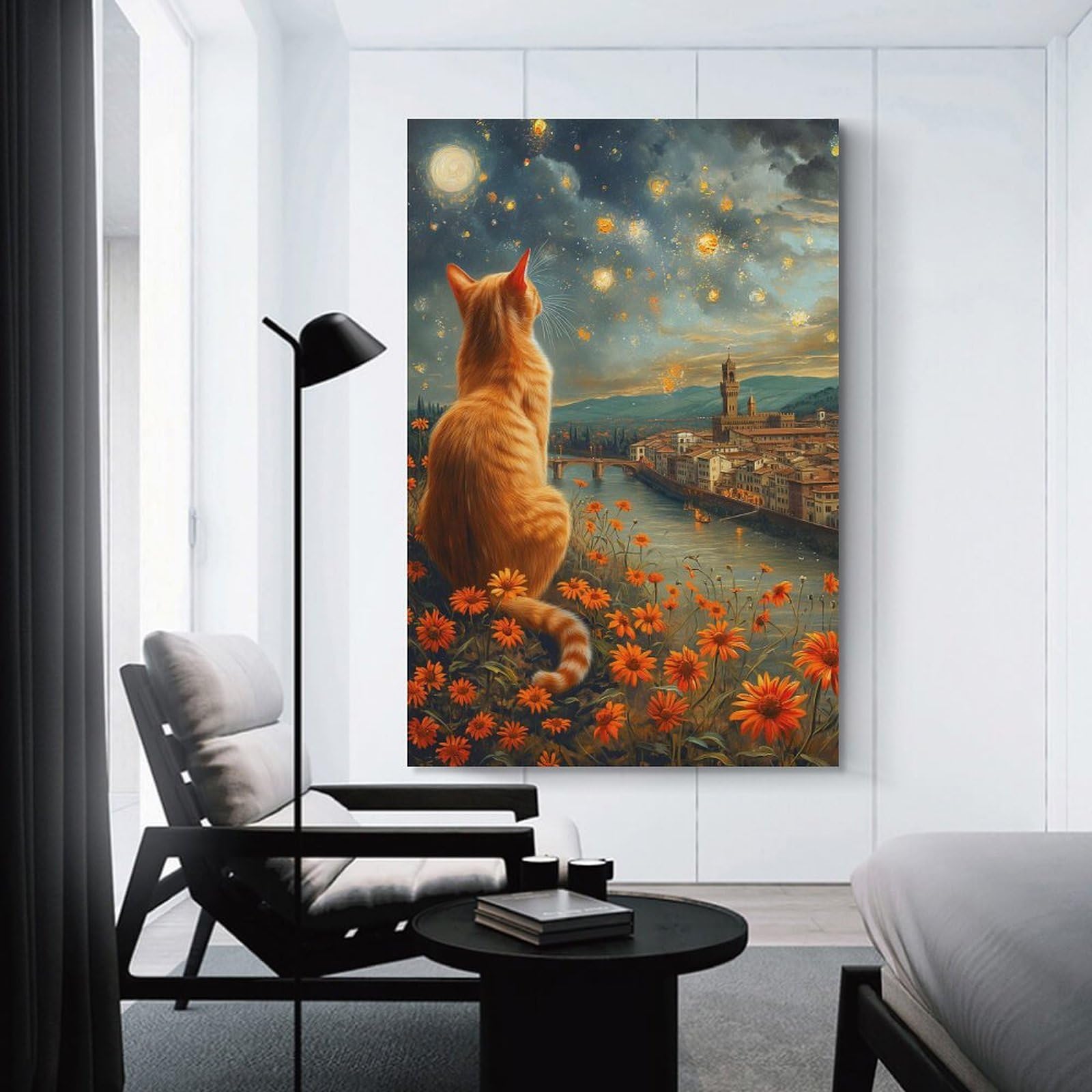 Junmoney Cat Gazing at Florence Night Sky Wall Decor Canvas Print, 24x36inch(60x90cm), for Home Lounge, Bedroom Or Reading Nook, Decorative Artwork for Empty Walls