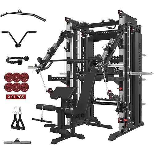 Commercial Smithe Machine with Dual Weight Stacks, Power Cage Squat Rack with Lever Arm & Leg Press Attachment, Multi-Function Linear Bearing Cable Crossover Machine for Home Gym